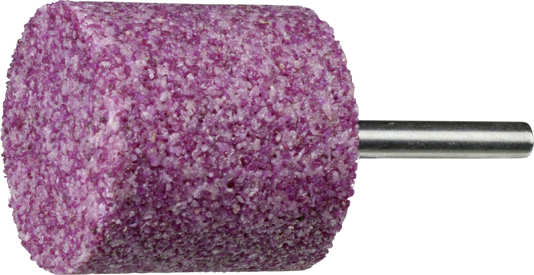 Ein zylindrischer rosa Schleifstein auf einer Metallachse, der zum Schärfen oder Polieren von Oberflächen verwendet wird.