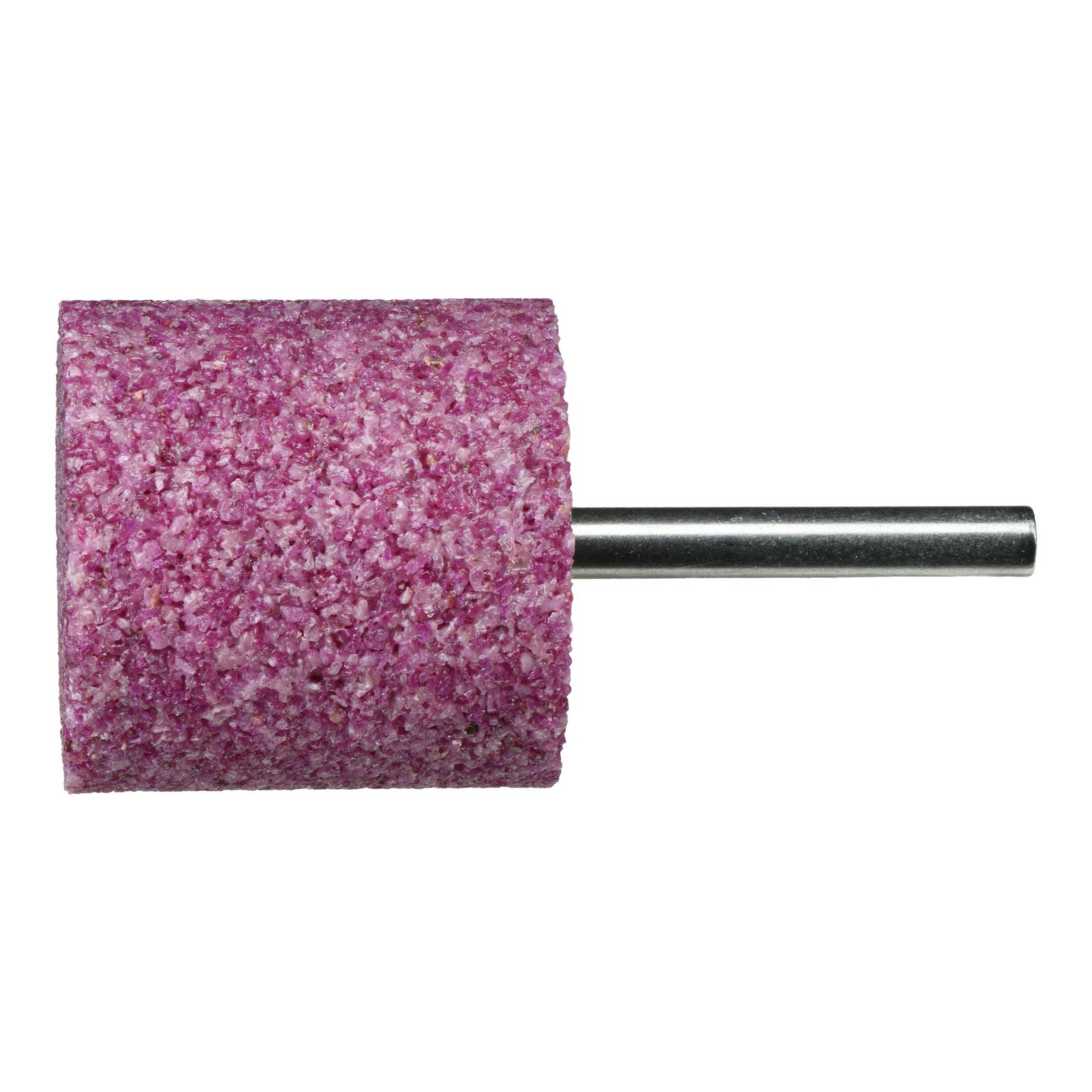 Ein zylindrischer rosa Schleifstein mit einem Metallschaft, der zum Polieren von Metall und Stein verwendet wird.