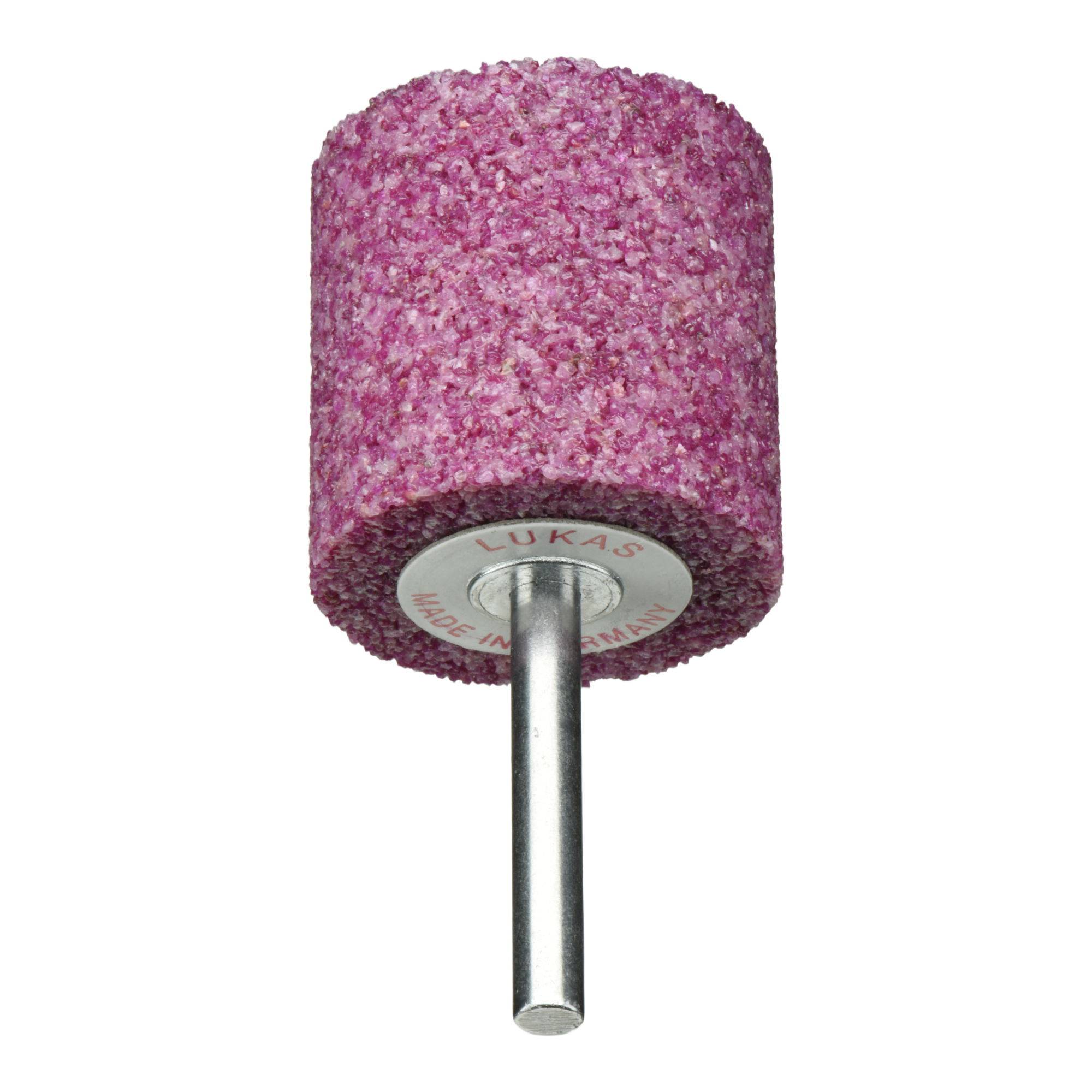 Ein rosa zylindrischer Schleifpunkt mit Schaftaufnahme, der für Präzisionsmetallbearbeitung verwendet wird.