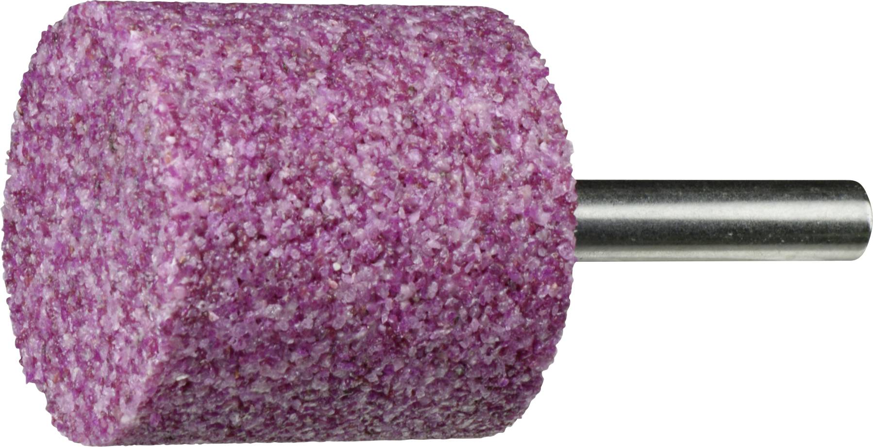 Ein zylindrischer rosa Schleifstein mit einem Metallschaft, der zum Schärfen oder Formen von Werkzeugen verwendet wird, vor einem weißen Hintergrund.