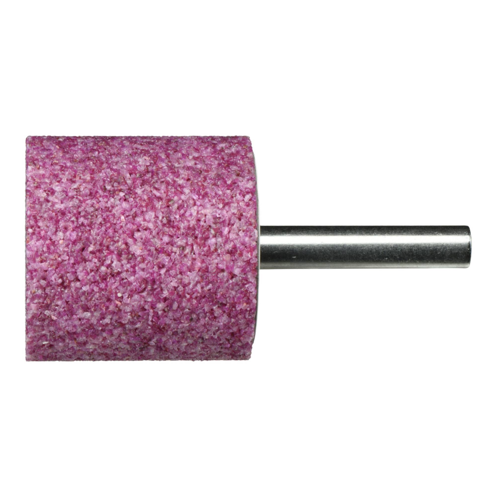 Ein zylindrischer, rosa Schleifstein mit einem Metallschaft, der zum Schleifen oder Polieren von Oberflächen verwendet wird, liegt auf einem weißen Hintergrund.