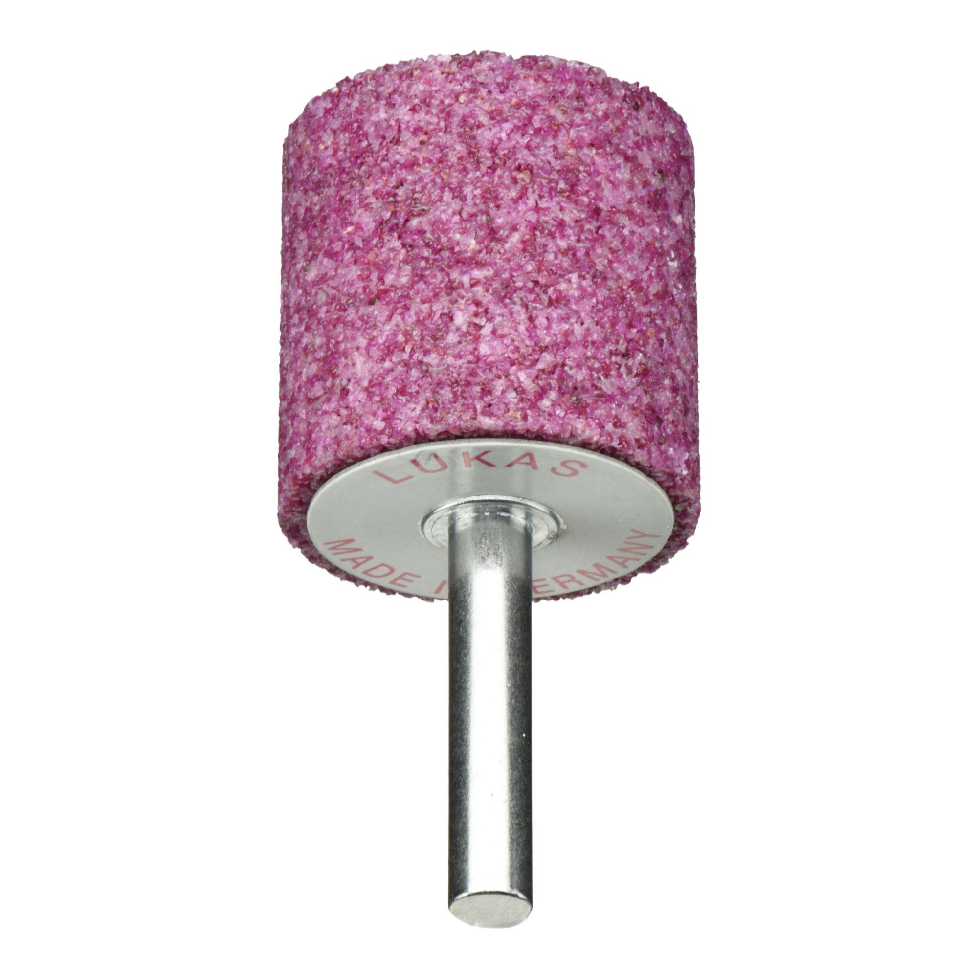 Ein zylindrischer pinker Schleifwerkzeugkopf mit einem Metallschaft, zum Schleifen verwendet, mit den Aufschriften 'LUKAS' und 'MADE IN GERMANY' am Fuß.