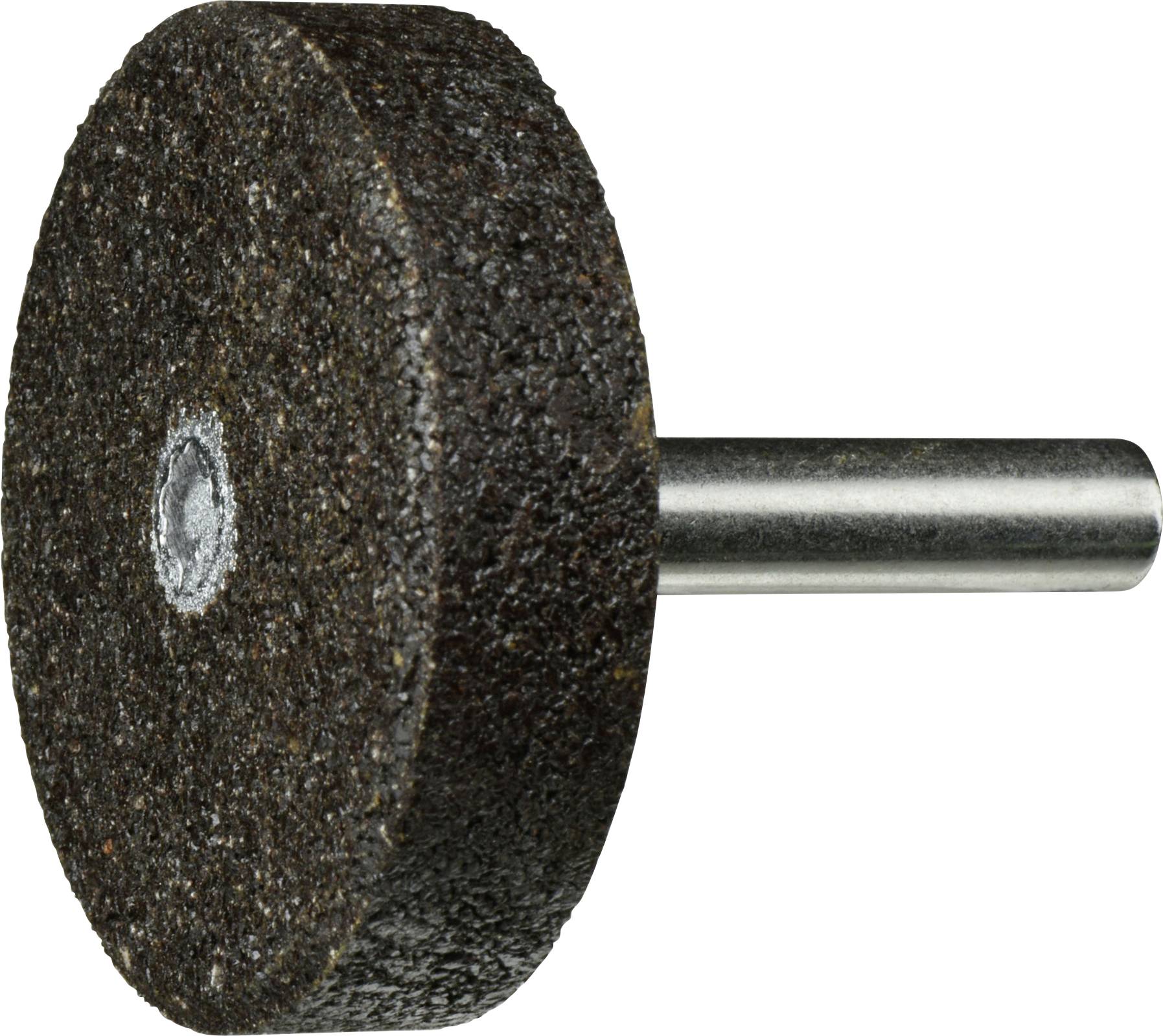 Eine runde Schleifscheibe mit einer zentralen Metallachse, die zum Schärfen oder Formen harter Materialien verwendet wird, vor einem einfarbigen Hintergrund.