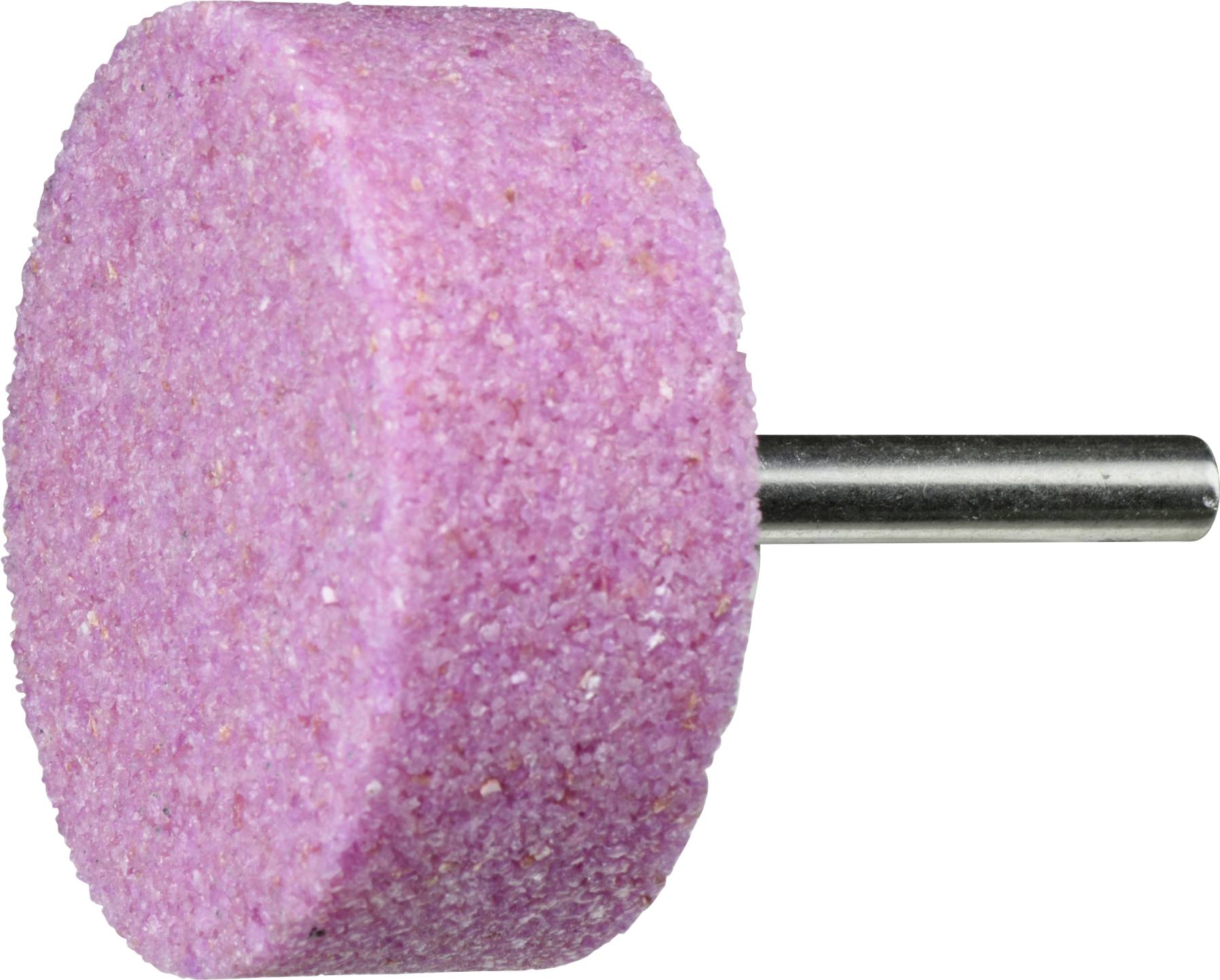 Ein zylindrischer rosa Schleifstein mit Metallschaft, der als Bohraufsatz zum Schärfen oder Polieren verwendet wird.