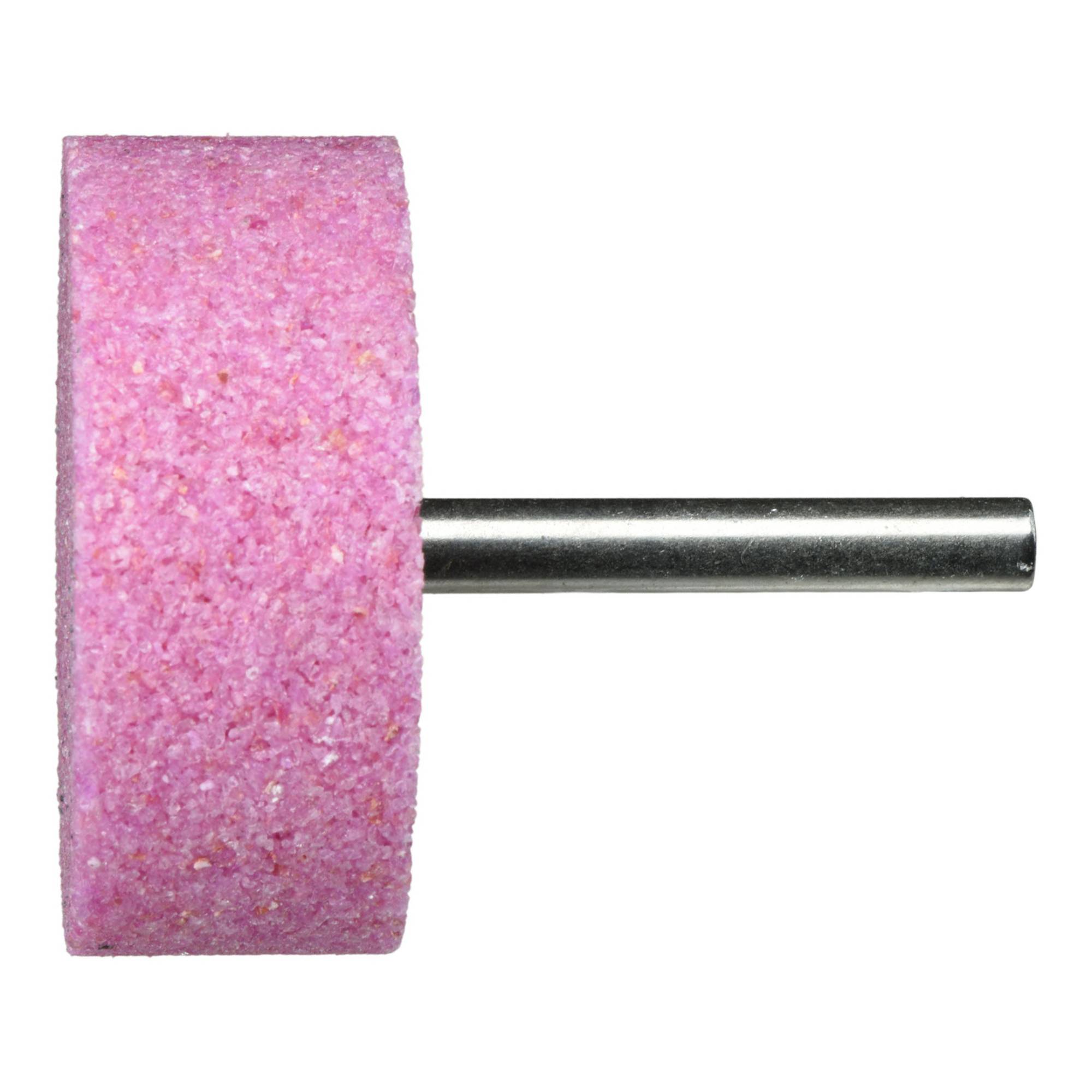 Ein rosa zylindrischer Schleifstein mit einer Metallstangenanbringung, verwendet zum Glätten oder Schärfen von Oberflächen, vor weißem Hintergrund isoliert.