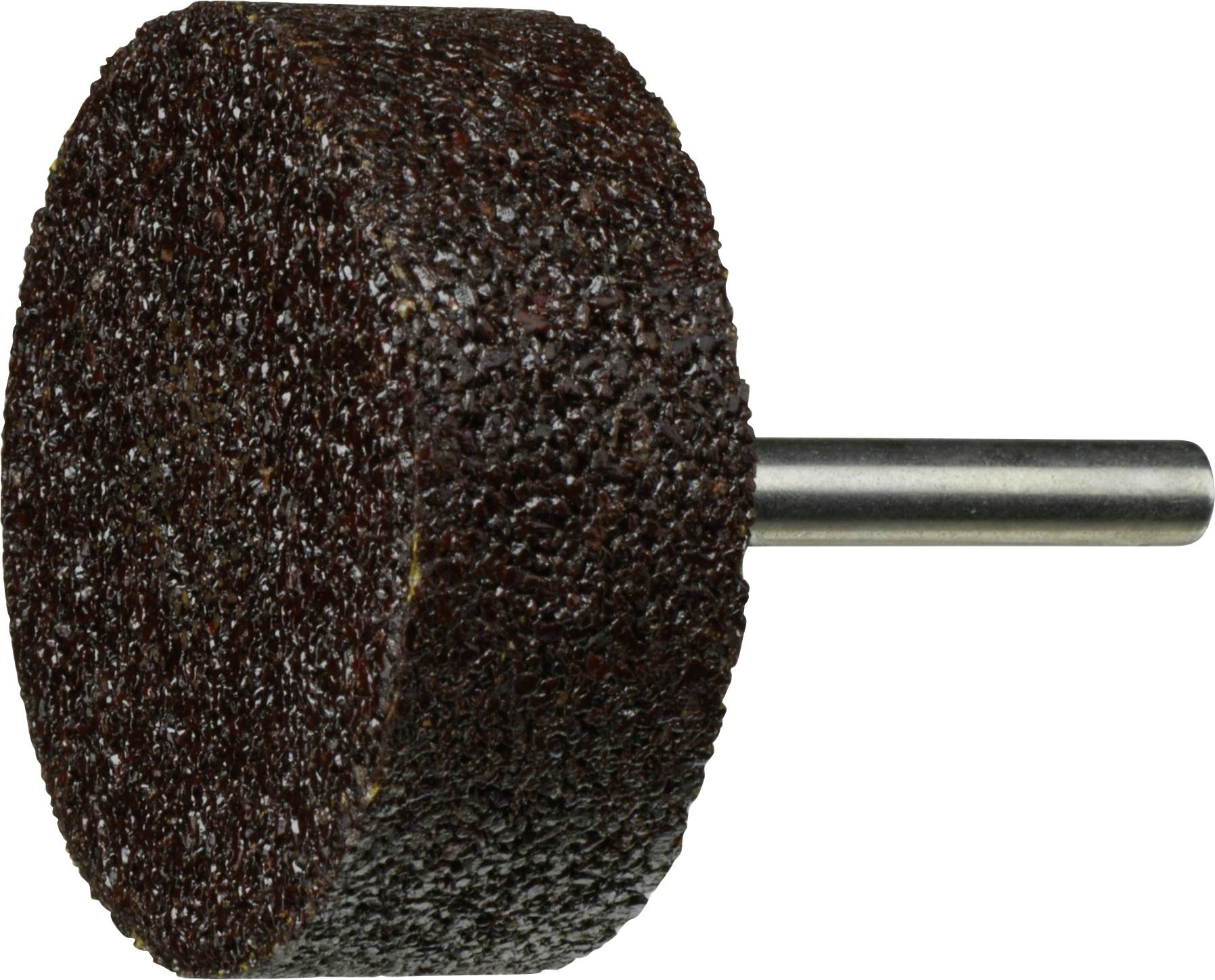 Ein zylindrischer Schleifstein mit strukturierter brauner Oberfläche, der an einem Metallschaft für die Verwendung mit Rotationswerkzeugen befestigt ist.