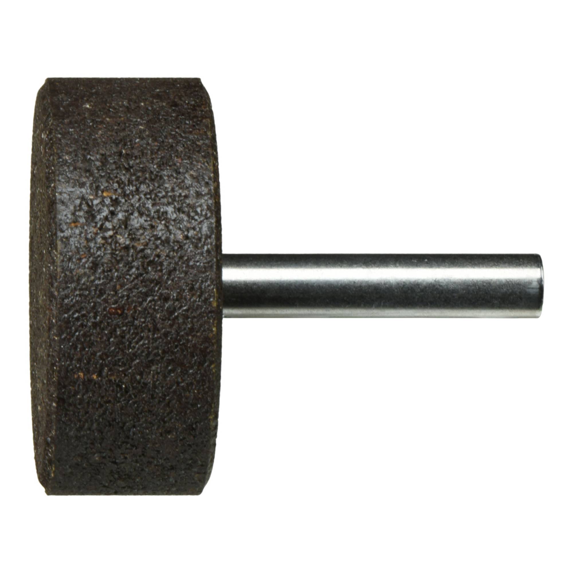 Ein zylindrisches Schleifrad mit einem Metallschaft. Das Rad ist dunkel und strukturiert, entwickelt zum Schärfen oder Glätten von Oberflächen.