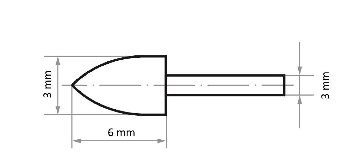 Technische Skizze eines Bohrers mit Seitenansicht und Maßangaben: 6 mm Länge, 3 mm Durchmesser und eine Spitzenlänge von 3 mm.