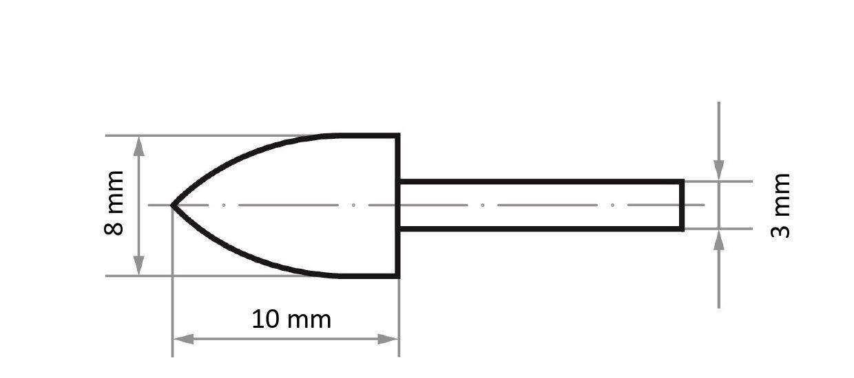 Diagramm eines geschossfömigen Objekts, 10 mm lang, mit einer spitzen Spitze. Die Basis ist 8 mm breit und mit einem 3 mm dicken Schaft verbunden.