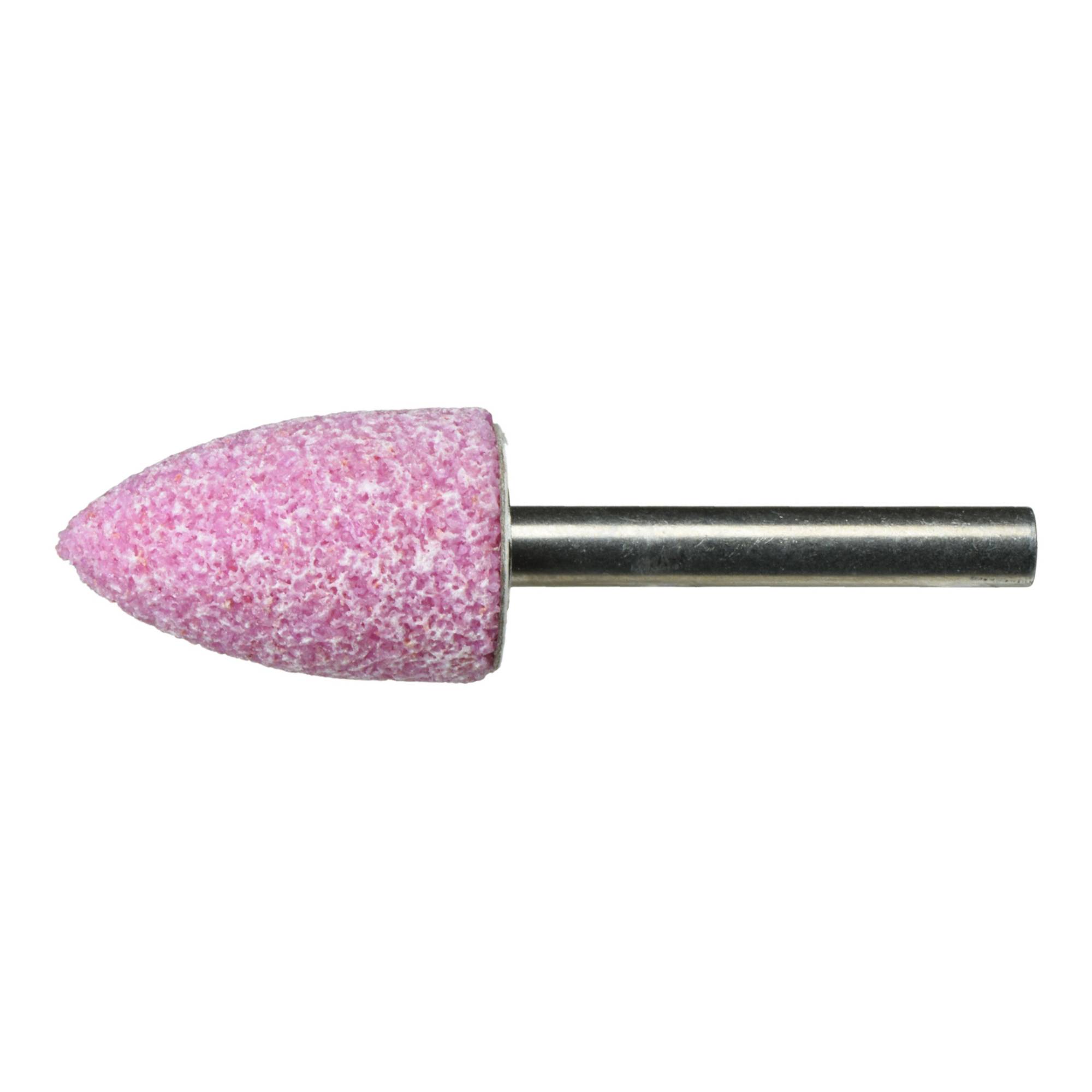 Ein rosa Schleifstein mit zylindrischem Metallschaft, der zum Formen oder Finishing von Materialien wie Metall oder Holz verwendet wird.