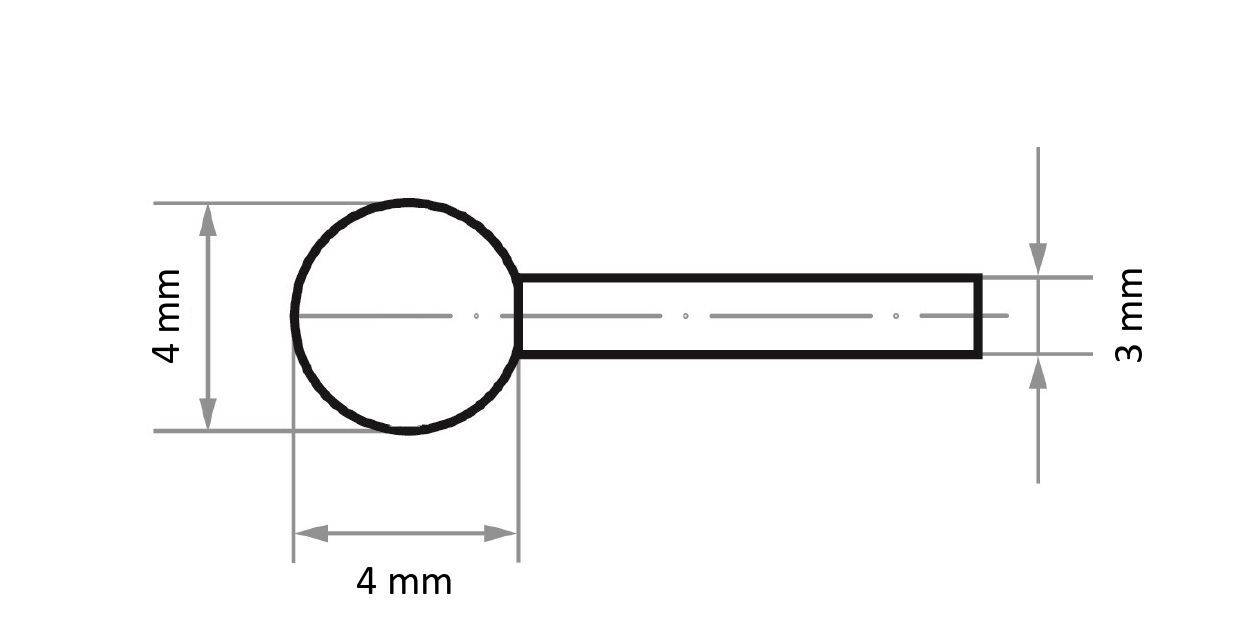 Eine Seitenansicht der technischen Zeichnung zeigt ein zylindrisches Objekt mit einem 4 mm Durchmesser großen Kopf und einer 3 mm Durchmesser großen Welle, beide 4 mm lang.