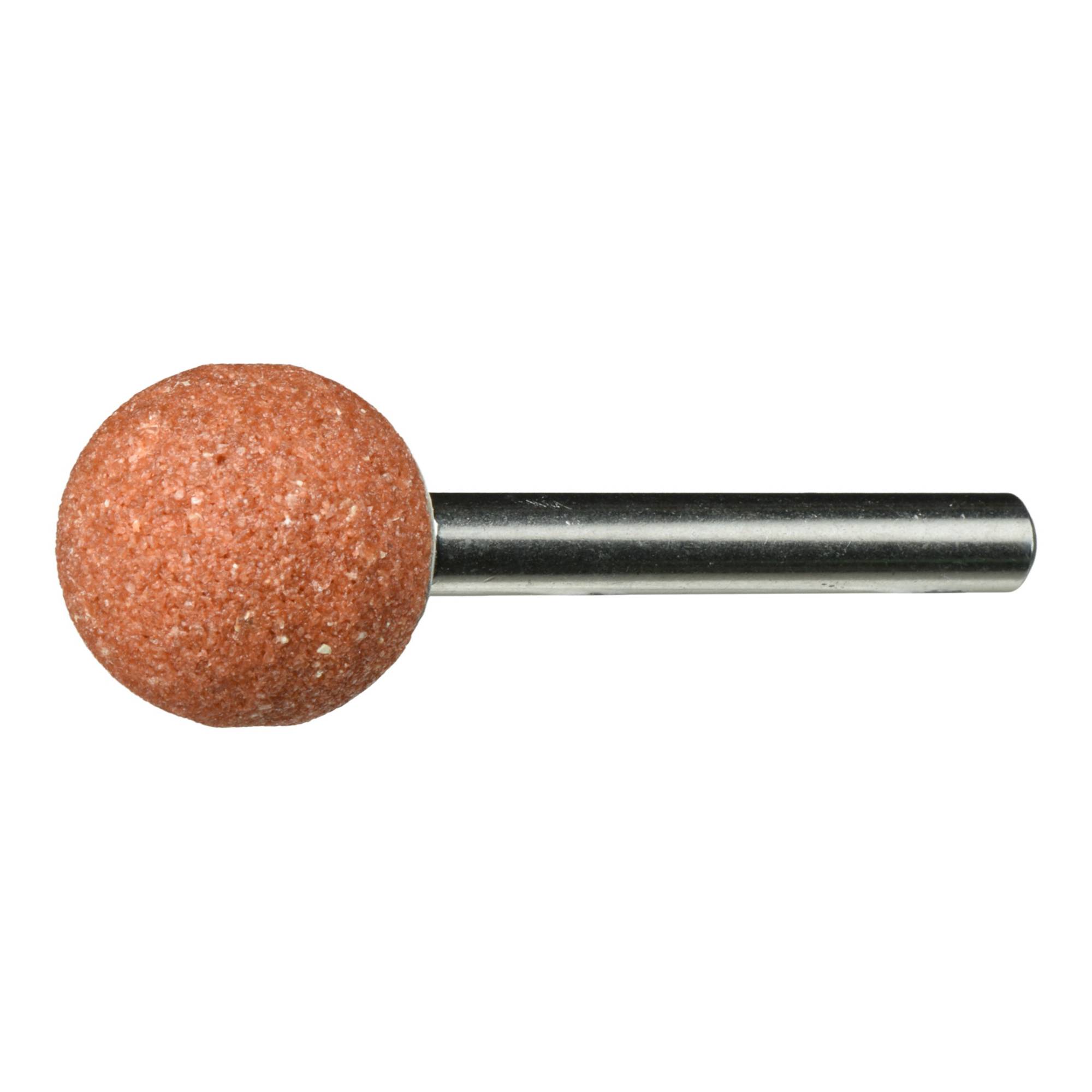 Ein kugelförmiger, grober, orangefarbener Schleifstein, der an einem Metallschaft befestigt ist und zum Schärfen oder Formen von Metall und anderen Materialien verwendet wird.