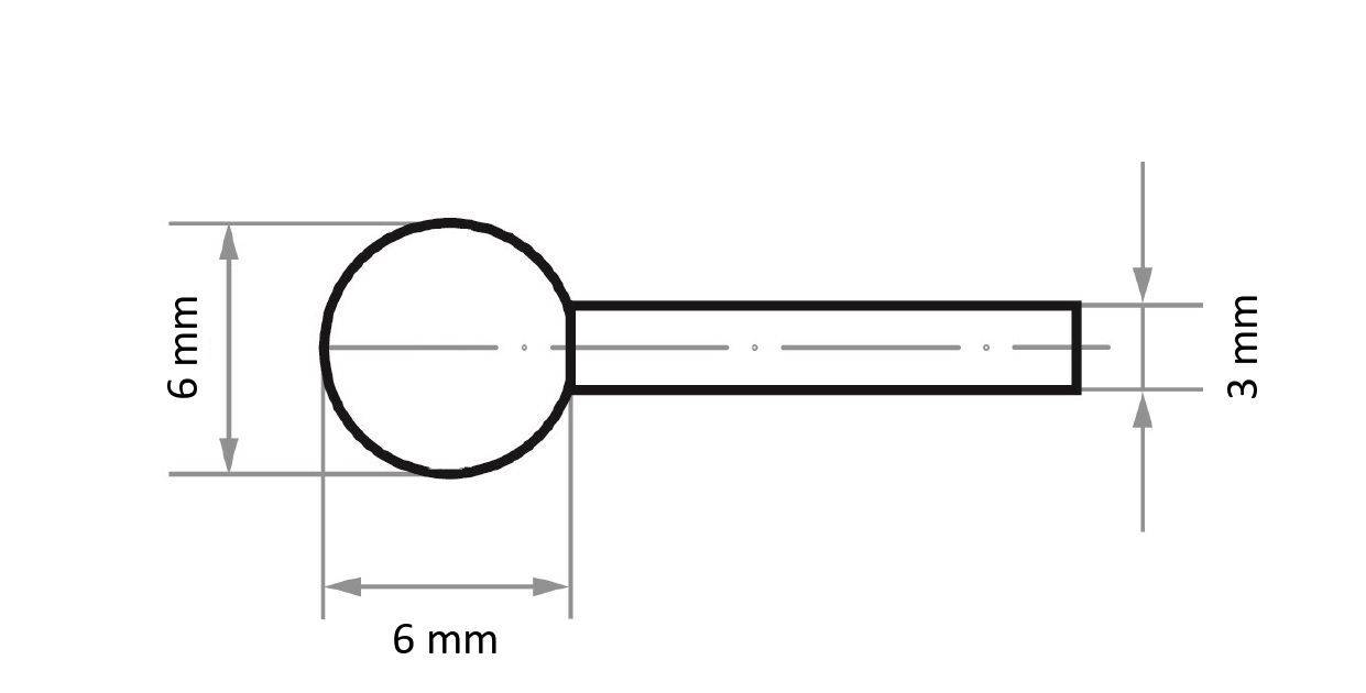 Diagramm eines zylindrischen Stifts mit rundem Kopf. Der Kopf hat einen Durchmesser von 6 mm, und der Schaft ist 6 mm lang und 3 mm im Durchmesser.