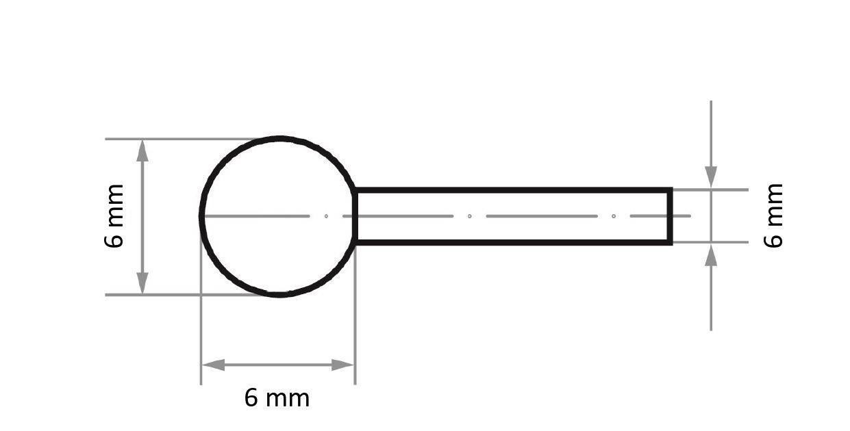 Eine technische Zeichnung zeigt eine Seitenansicht eines zylindrischen Objekts mit einer kreisförmigen Endfläche. Das Objekt misst 6 mm im Durchmesser und 6 mm in der Länge.