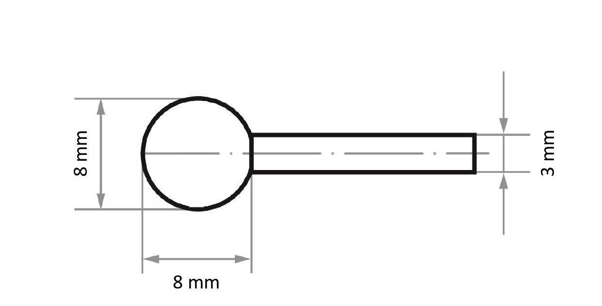 Eine technische Zeichnung eines zylindrischen Objekts mit rundem Kopf, mit beschrifteten Abmessungen: Kopfdurchmesser 8 mm, Gesamtlänge 8 mm, Stabbreite 3 mm.