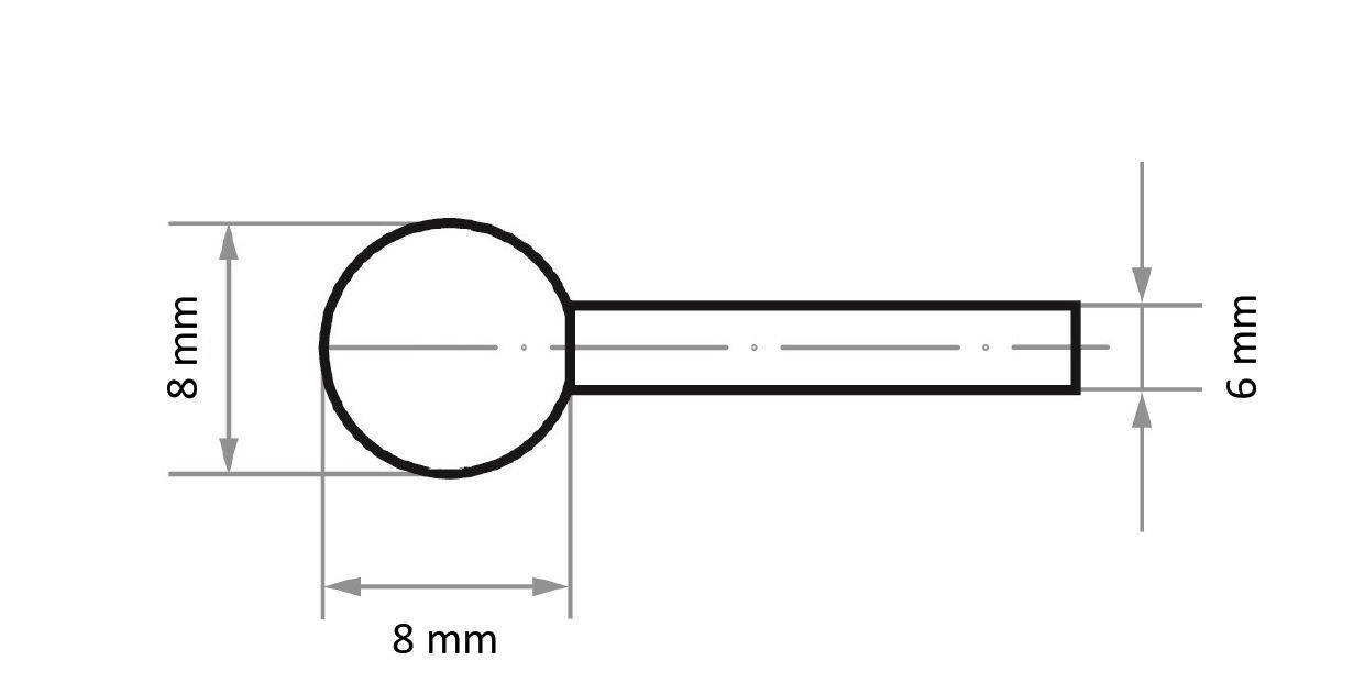 Diagramm einer Stange mit kreisförmigem Kopf. Kopfdurchmesser: 8 mm; Schaftlänge: länger als der Kopf, 6 mm Durchmesser.