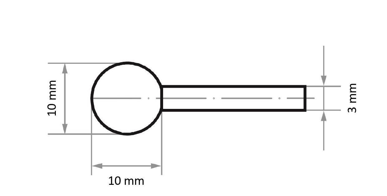 Technische Zeichnung eines Stifts mit einem 10 mm Durchmesser großen Kopf und 10 mm Länge, angebracht an einer 3 mm breiten Welle.