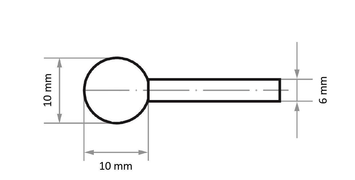 Diagramm einer zylindrischen Stange mit einer flachen Endseite. Die flache Endseite hat einen Durchmesser von 10 mm, und die Stange ist 6 mm breit. Die Länge ist nicht angegeben.