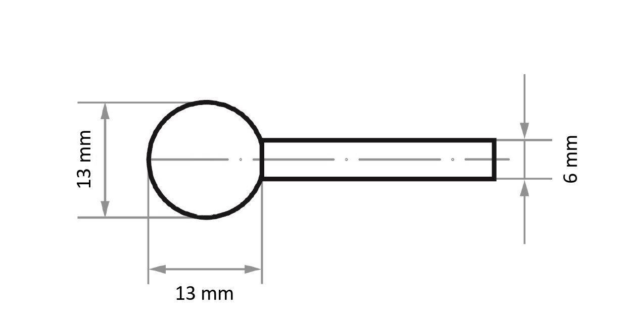 Diagramm eines lutscher-förmigen Objekts mit Maßangaben: Kugel 13 mm Durchmesser, angehängt an einen 13 mm langen, 6 mm dicken Stab.