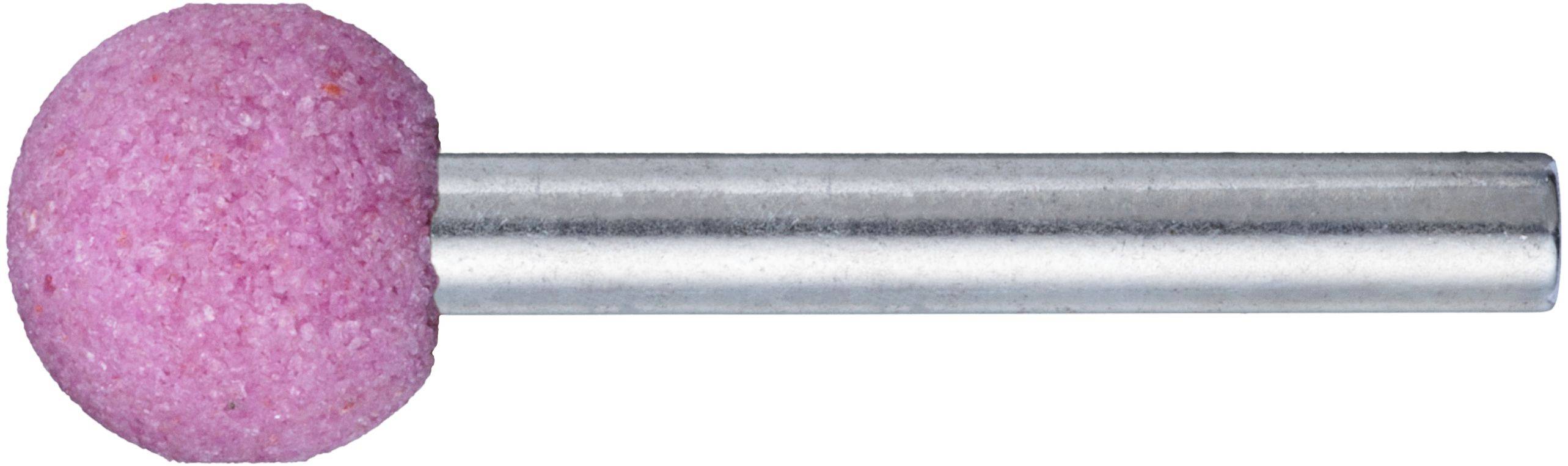 Ein rosa abrasiver Steinball mit einer Metallwelle, verwendet zum Schleifen oder Polieren von Oberflächen.