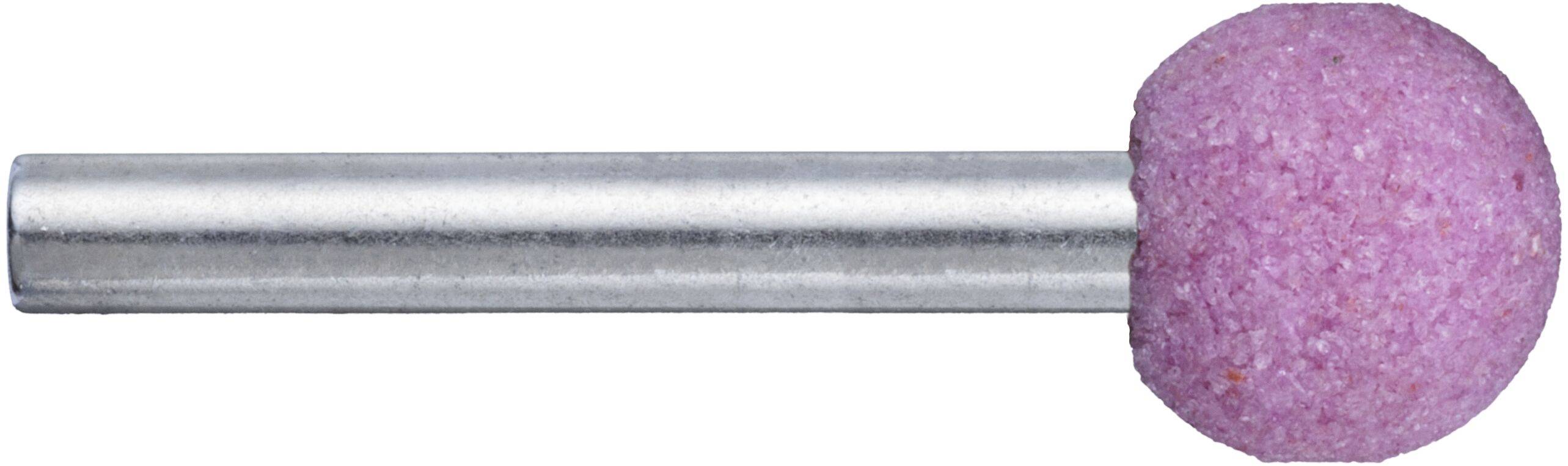 Ein zylindrischer Schleifbit mit einem runden, lila Schleifkopf, der an einem Metallschaft befestigt ist und zum Glätten oder Formen von Materialien verwendet wird.