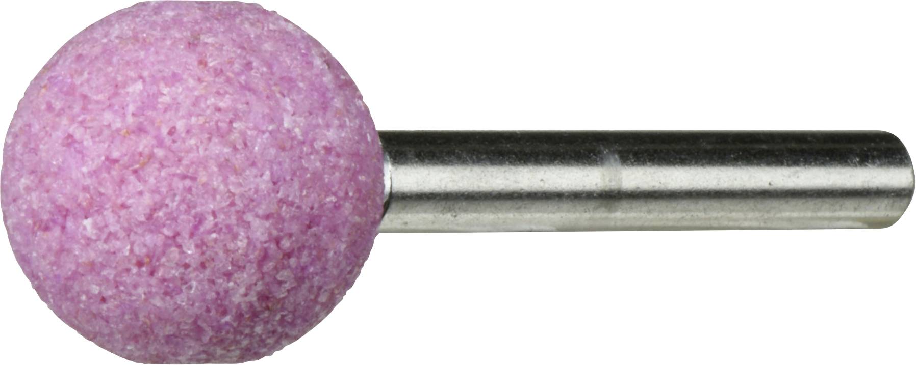 Ein rosa Schleifstein mit sphärischem Kopf und metallenem zylindrischem Schaft, der zum Glätten oder Formen von Materialien verwendet wird.