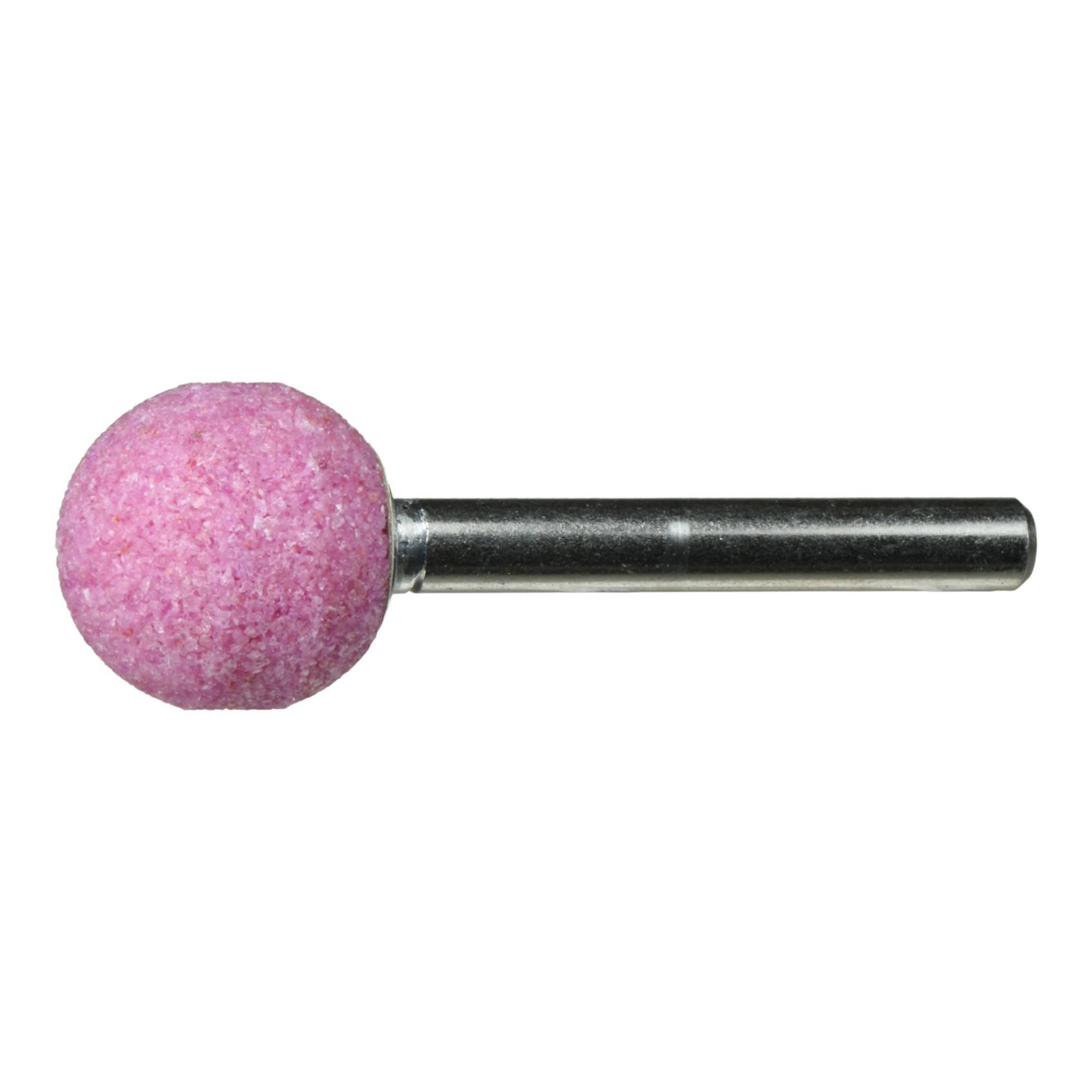 Ein rosa kugelförmiger Schleifbit mit Metallschaft, der zum Formen und Glätten von Oberflächen oder Materialien verwendet wird.