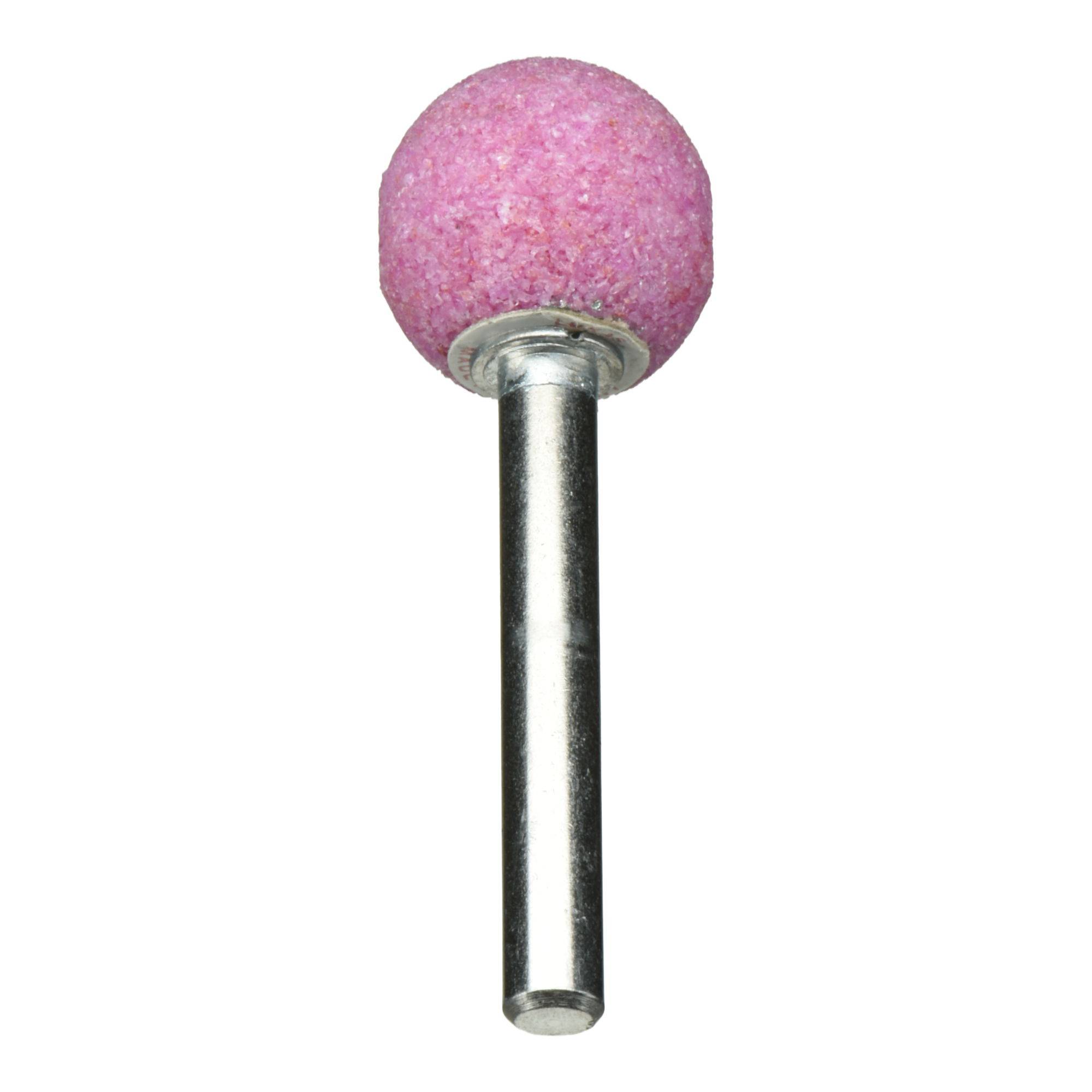 Ein rosa kugelförmiger Schleifstein, der an einem Metallschaft befestigt ist und zum Glätten oder Formen von Materialien bei der Bearbeitung oder im Handwerk verwendet wird.