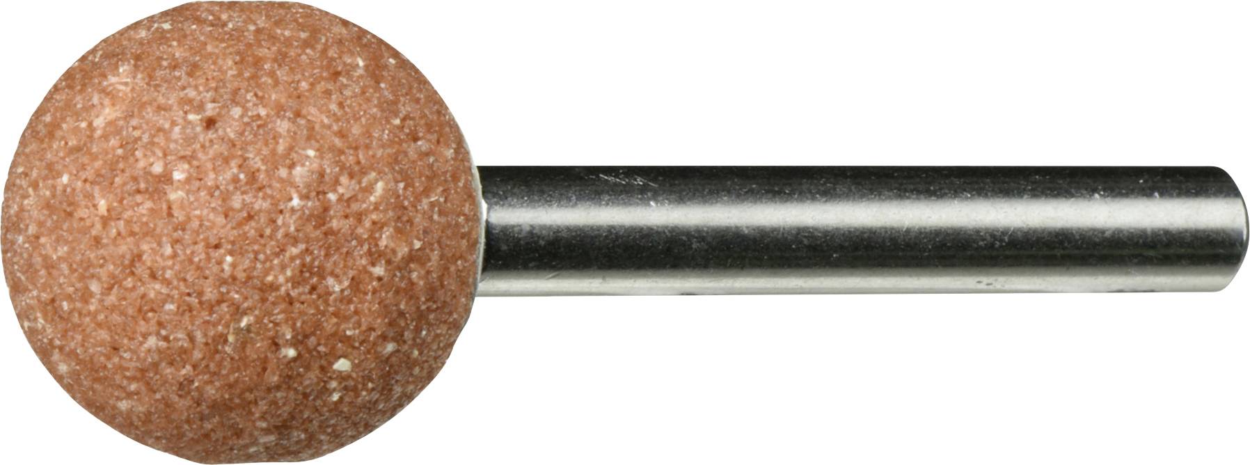 Ein zylindrischer Schleifstein mit einem kugelförmigen, rötlich-braunen Schleifkopf, der an einer Metallachse befestigt ist und zur präzisen Formgebung oder Glättung verwendet wird.