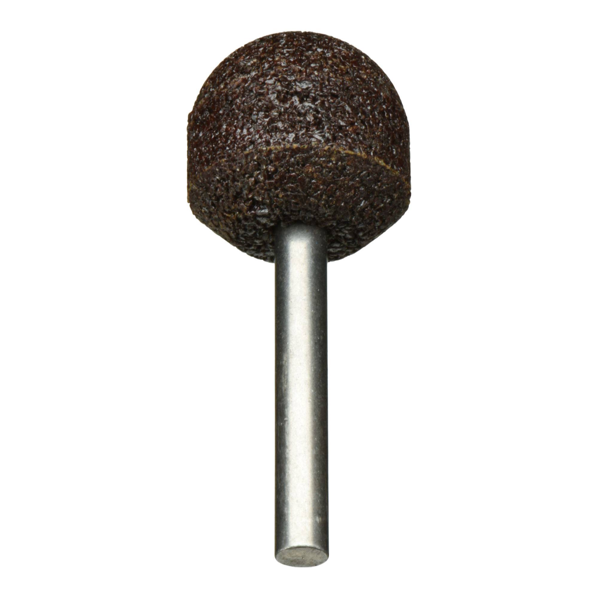 Eine kugelförmige Schleifbit mit einer rauen, braunen Schleifoberfläche, die an einem Metallschaft befestigt ist und zum Formen oder Glätten von Materialien verwendet wird.