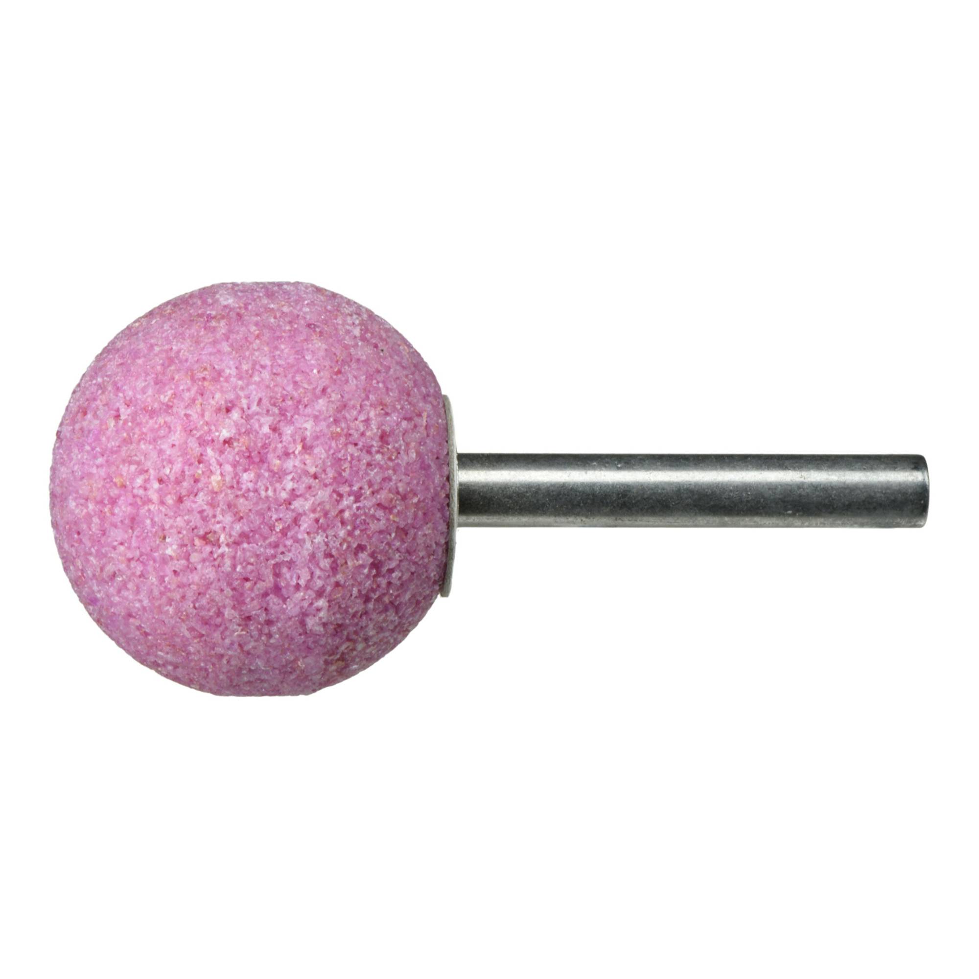 Ein rosa kugelförmiges Schleifrad, das an einer Metalachse befestigt ist und für Schleifaufgaben in der Metallbearbeitung und anderen industriellen Anwendungen verwendet wird.