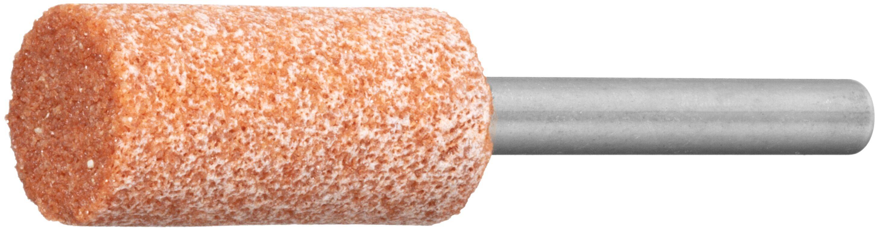 Ein zylindrischer, orangefarbener Schleifstein mit einem Metallschaft, der zum Formen oder Glätten von Materialien verwendet wird.