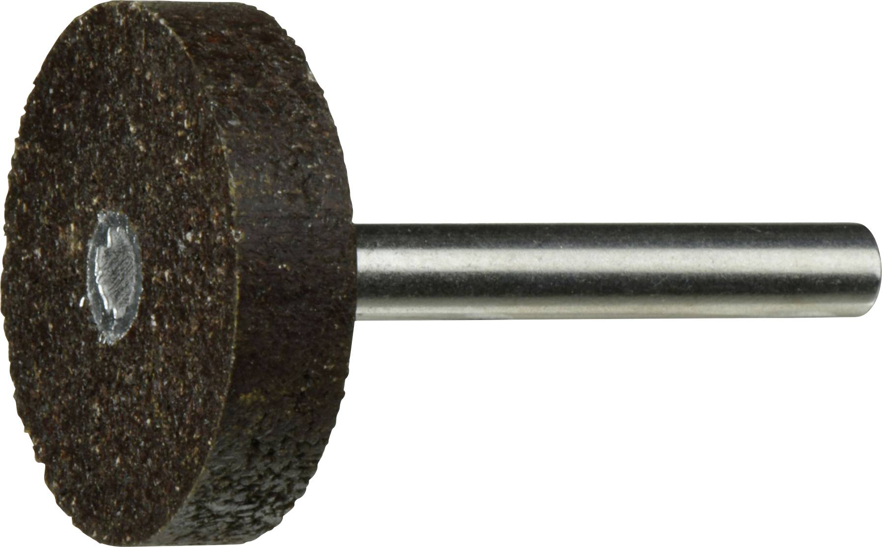 Ein zylindrischer Schleifstein mit einer Metallachse, der zum Schärfen oder Formen verschiedener Materialien verwendet wird. Er hat eine dunkle, grobe Textur.