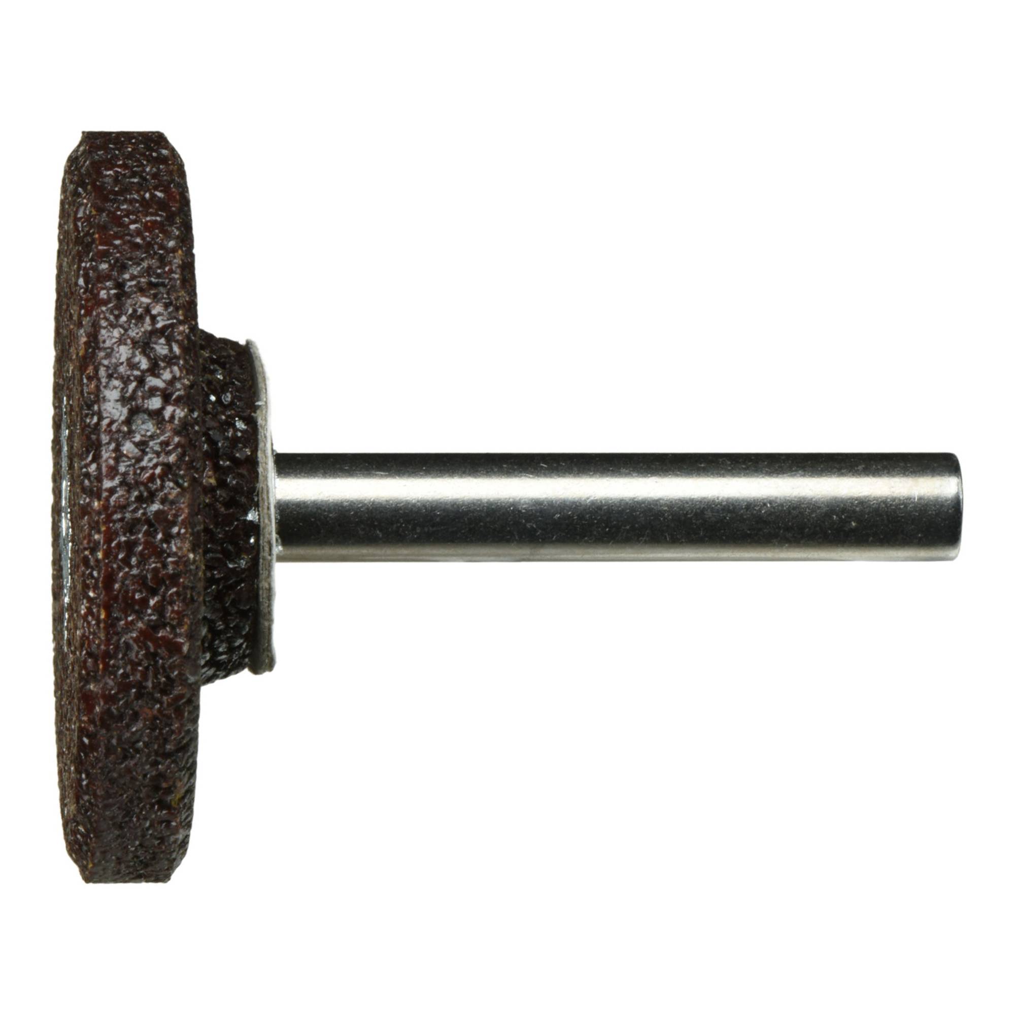 Ein rundes Schleifstein mit Metallschaft, von der Seite betrachtet, verwendet zum Glätten oder Schärfen von Oberflächen.