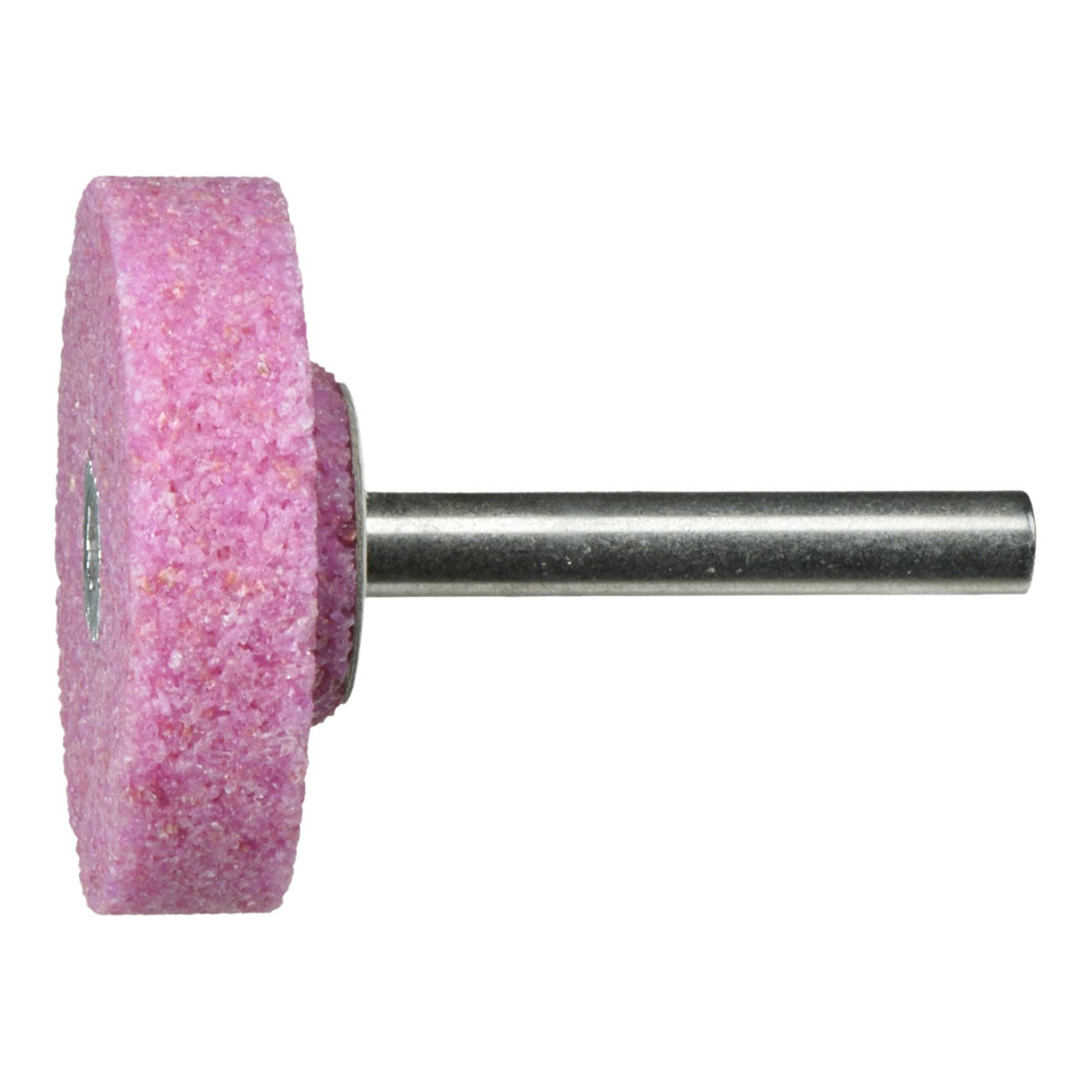 Ein rundes, rosa Schleifrad mit einem Metallschaft, verwendet zum Schärfen oder Entgraten von Werkzeugen und Materialien.