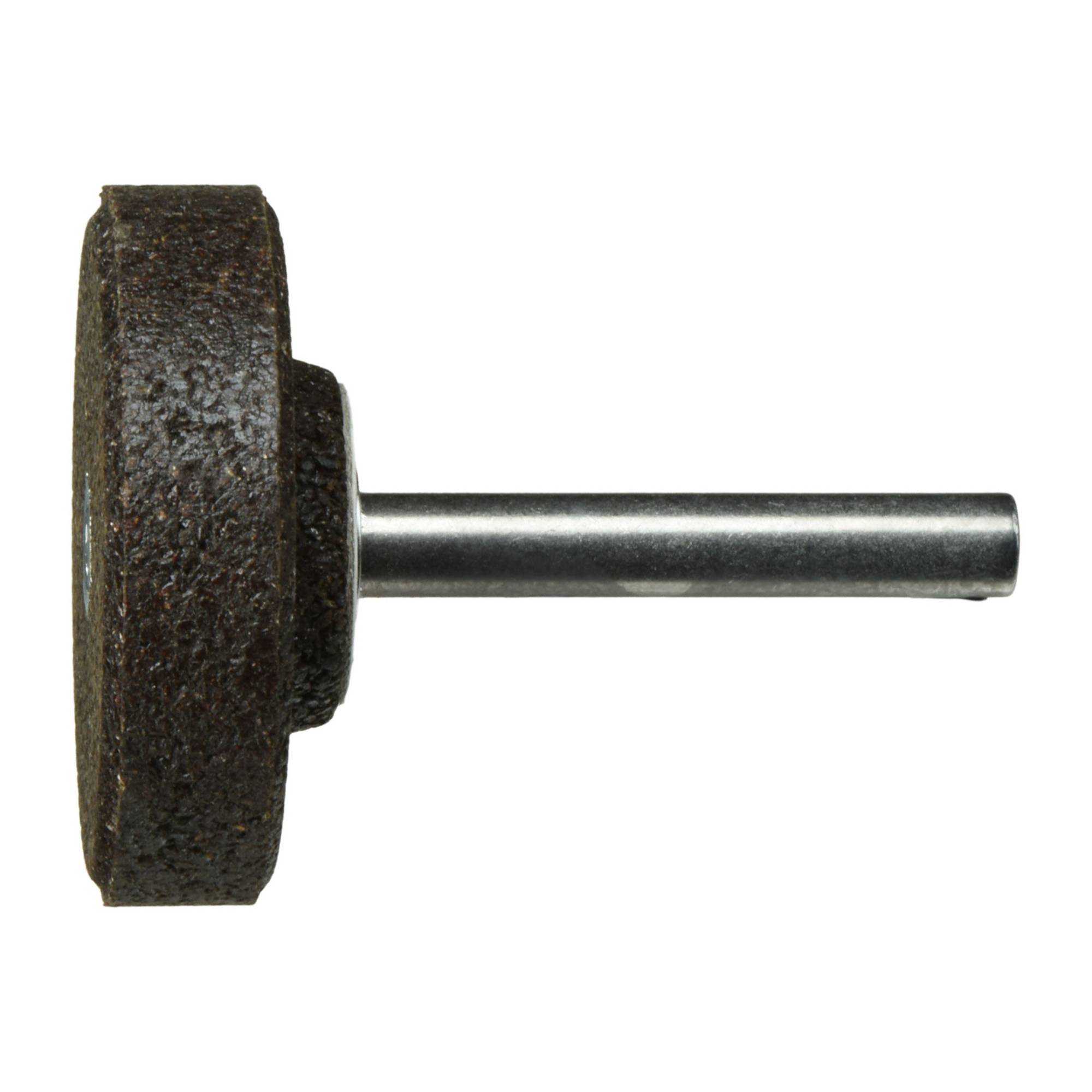 Eine zylindrische Schleifscheibe mit einer Metallwelle, die häufig zum Oberflächenfinish oder zur Glättung von Metalloberflächen in Werkstätten verwendet wird.