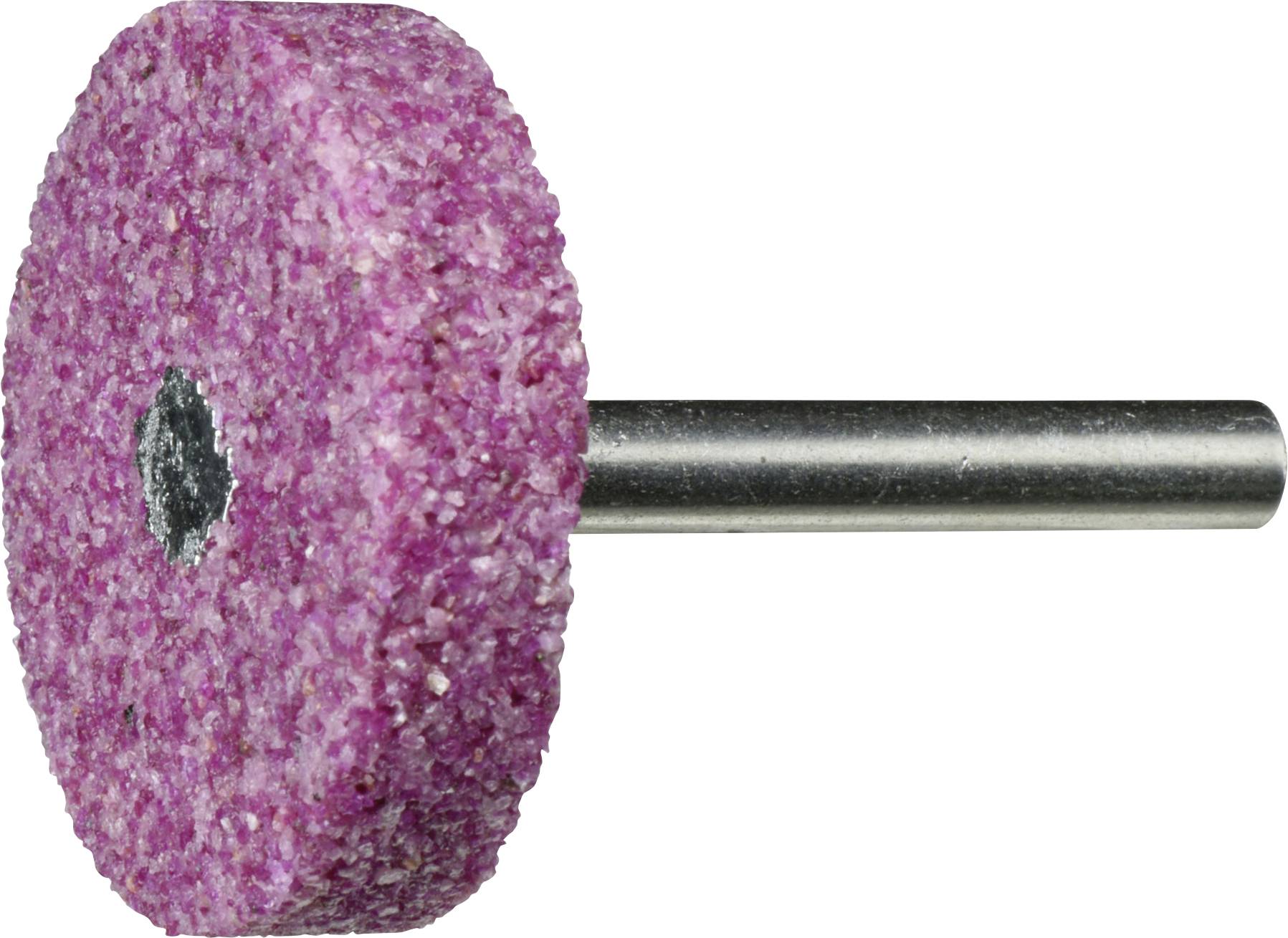 Pinke Schleifscheibe mit Metallschaft, verwendet zum Glätten oder Schärfen von Oberflächen.