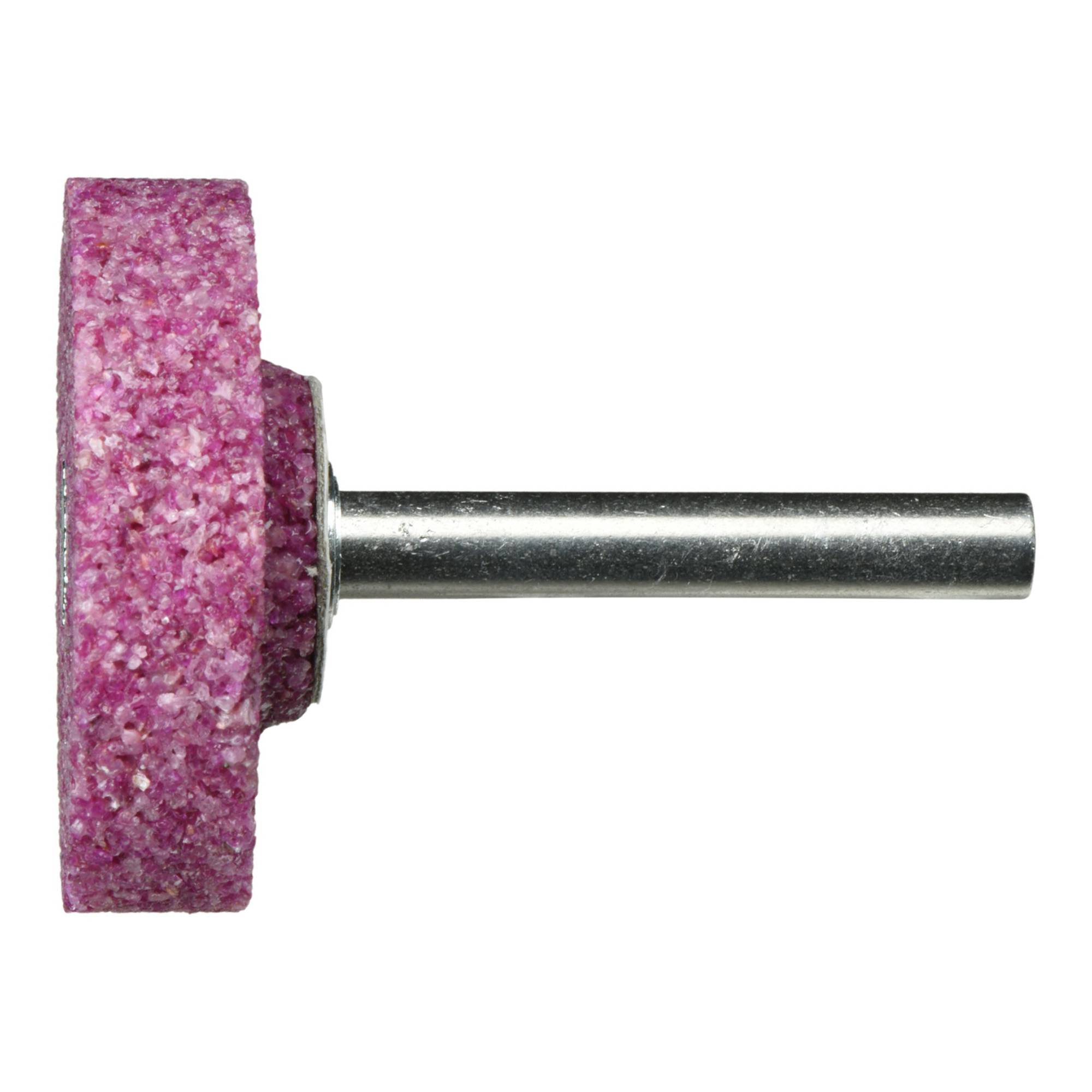 Ein zylindrischer rosa Schleifstein, der an einer Metallachse befestigt ist und zum Schärfen oder Formen harter Materialien verwendet wird.