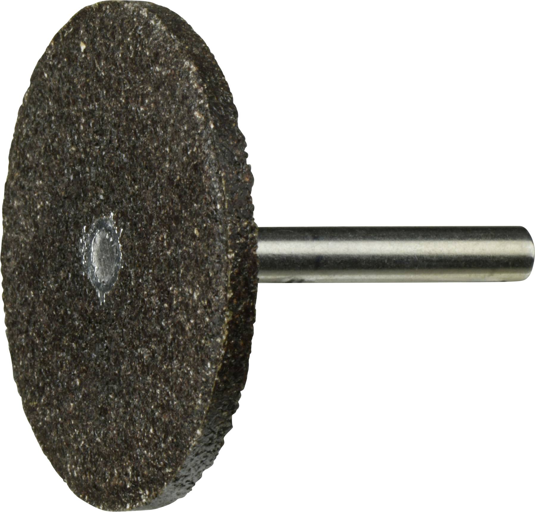 Ein kreisrunder brauner Schleifstein mit einer Metallachse, der zum Schneiden oder Formen von Oberflächen entwickelt wurde.