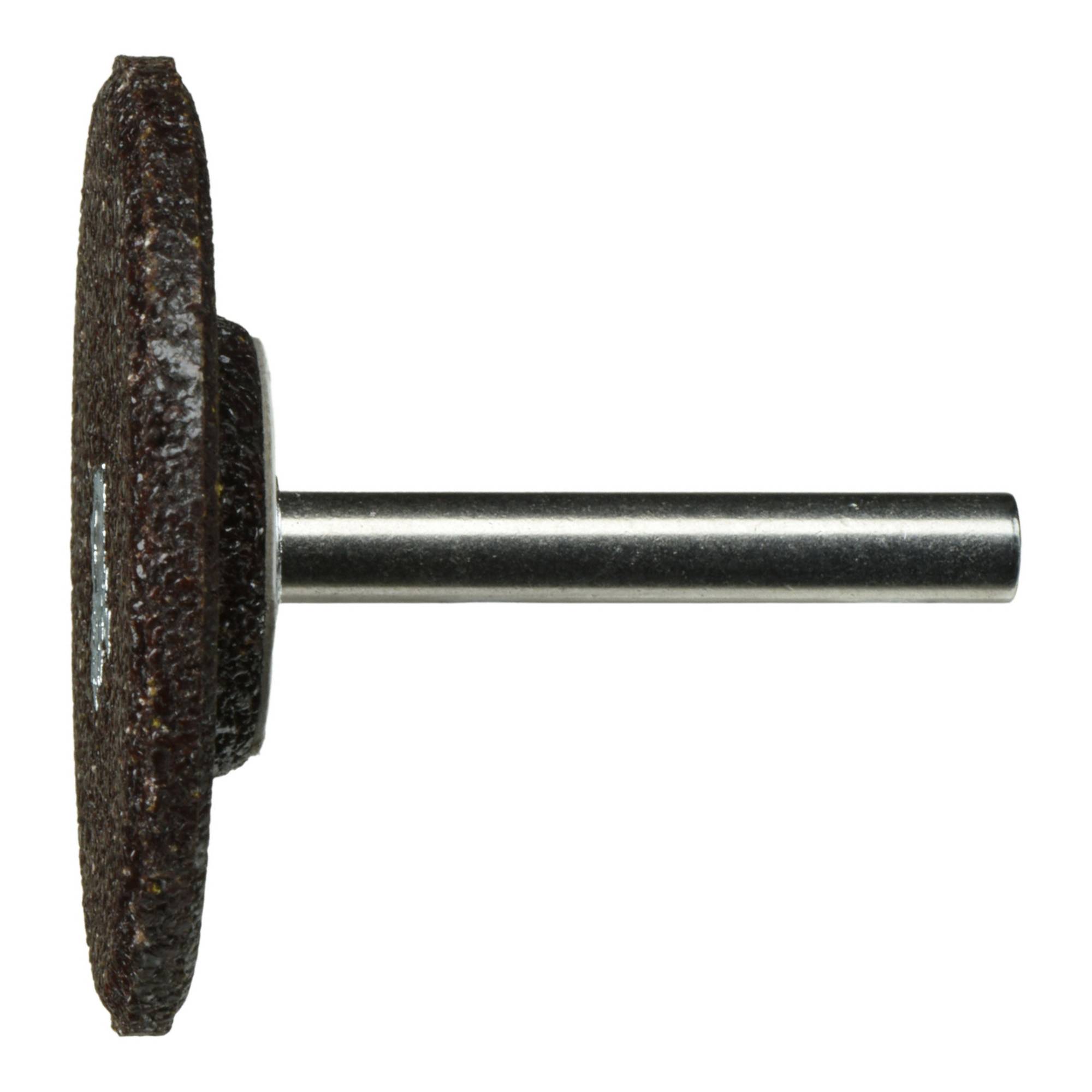 Eine Metallstange mit einem angehängten runden, abrasiven Schleifrad, von der Seite betrachtet.