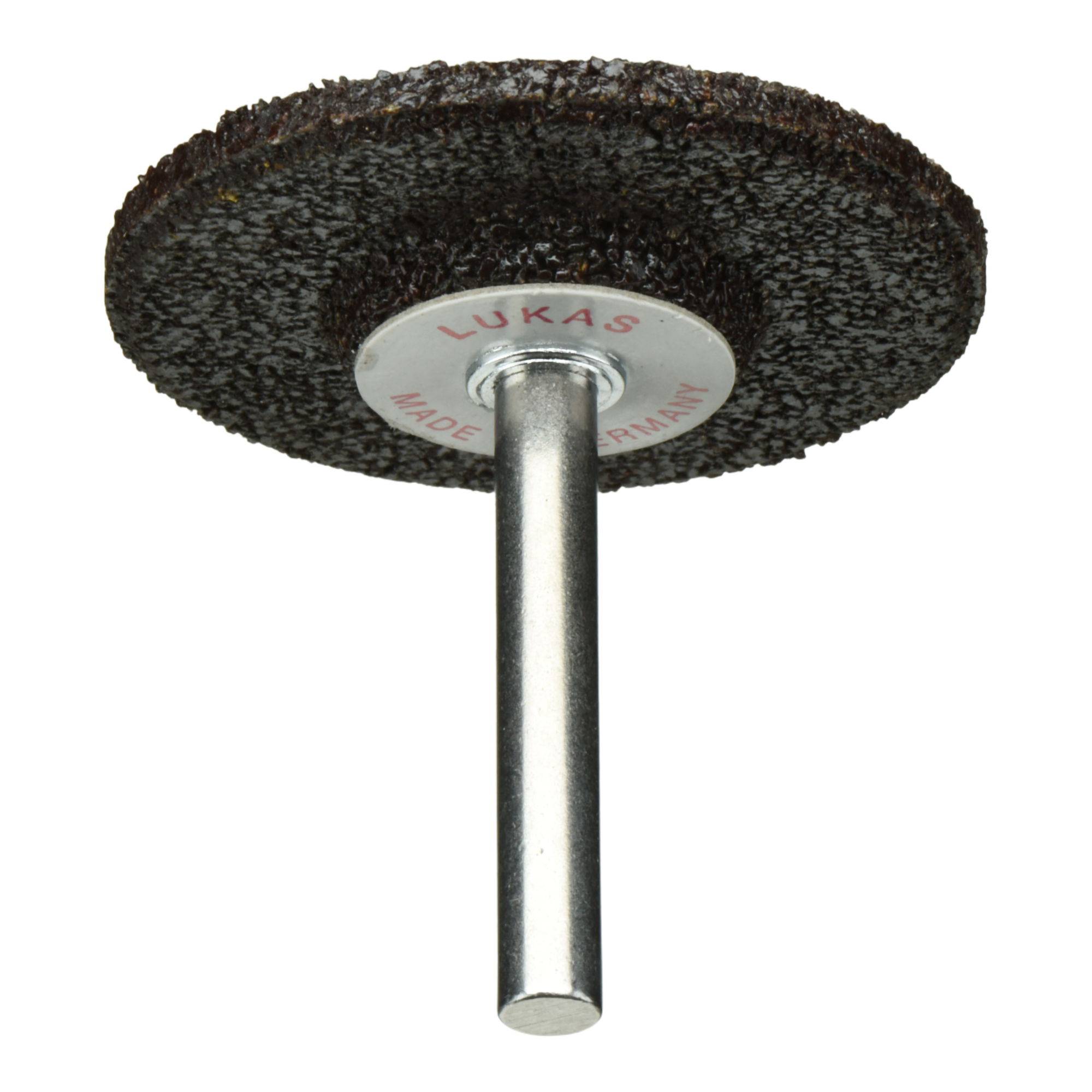 Schleifscheibe mit einem Metallschaft, beschriftet mit 'Lukas', zum Schneiden oder Glätten von Oberflächen in industriellen Anwendungen.