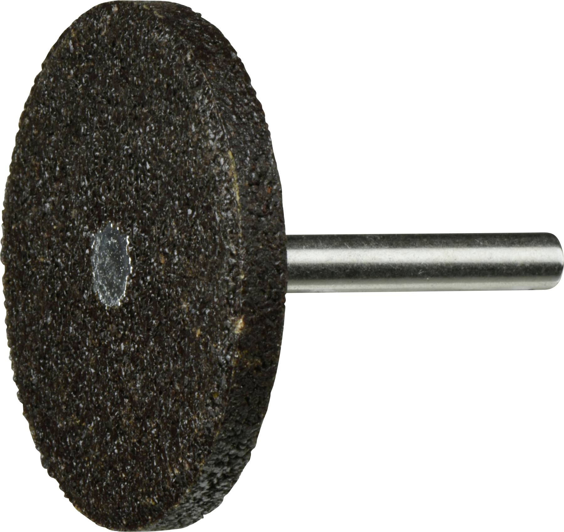 Ein rotierendes Schleifrad mit einer Metallachse, verwendet zum Schleifen oder Schneiden von Materialien. Das Rad ist kreisförmig und dunkel gefärbt.