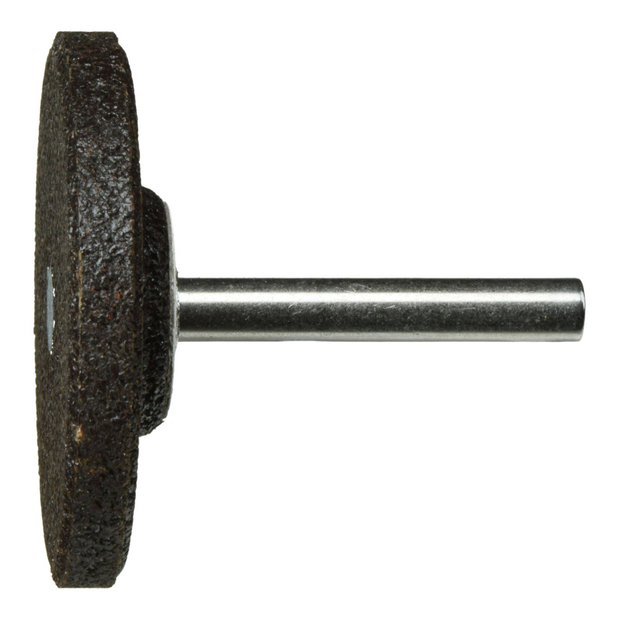 Ein rundes, rostbedecktes Metallschleifrad mit einer zentralen Metallstange, die seitlich herausragt, verwendet für Schleif- oder Schneidaufgaben.