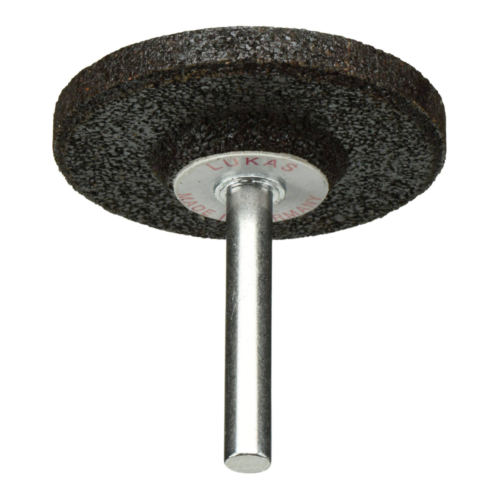 Ein rundes Schleifrad mit einer zentralen Befestigungswelle, mit der Aufschrift 