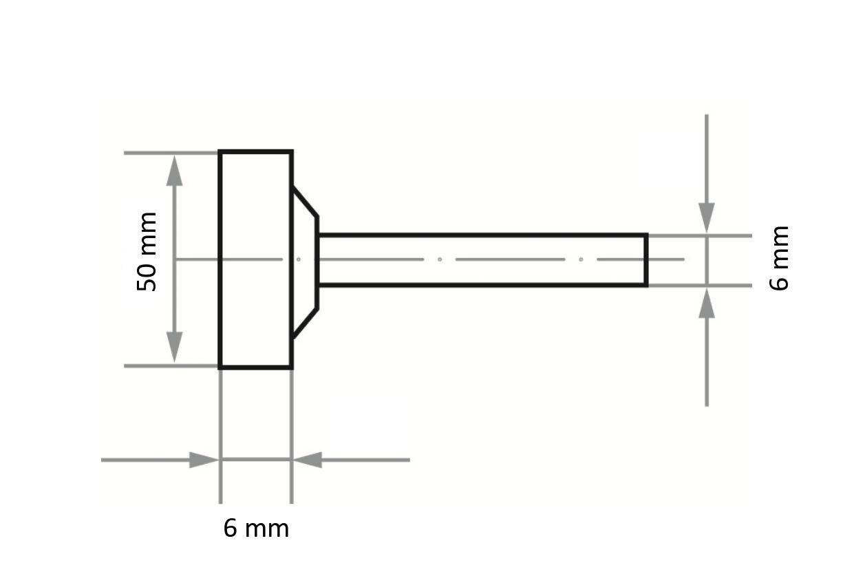 Technische Zeichnung einer Schraube mit Maßangaben: Kopfdurchmesser 50 mm, Länge 6 mm und Schaftbreite 6 mm.