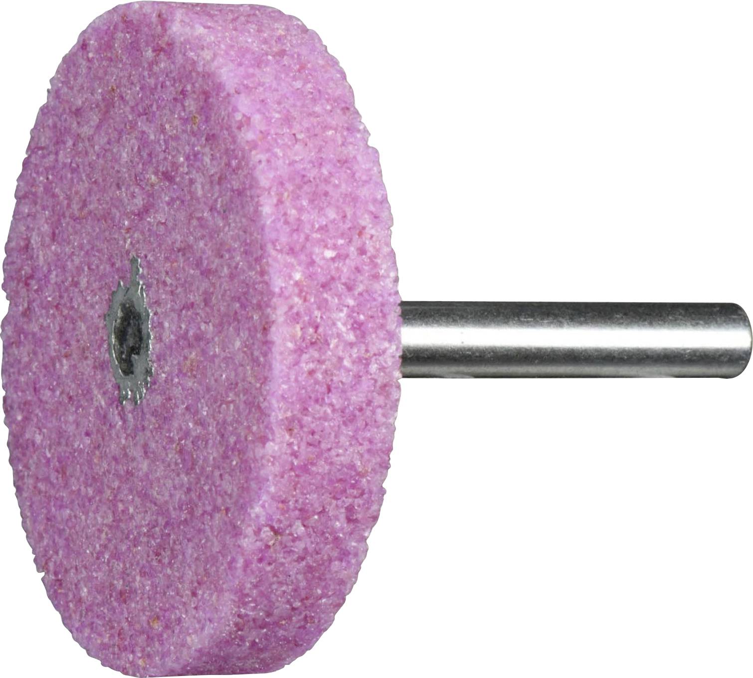 Ein rosa Schleifstein mit einem Metallschaft, der zum Schärfen oder Formen von Werkzeugen verwendet wird.
