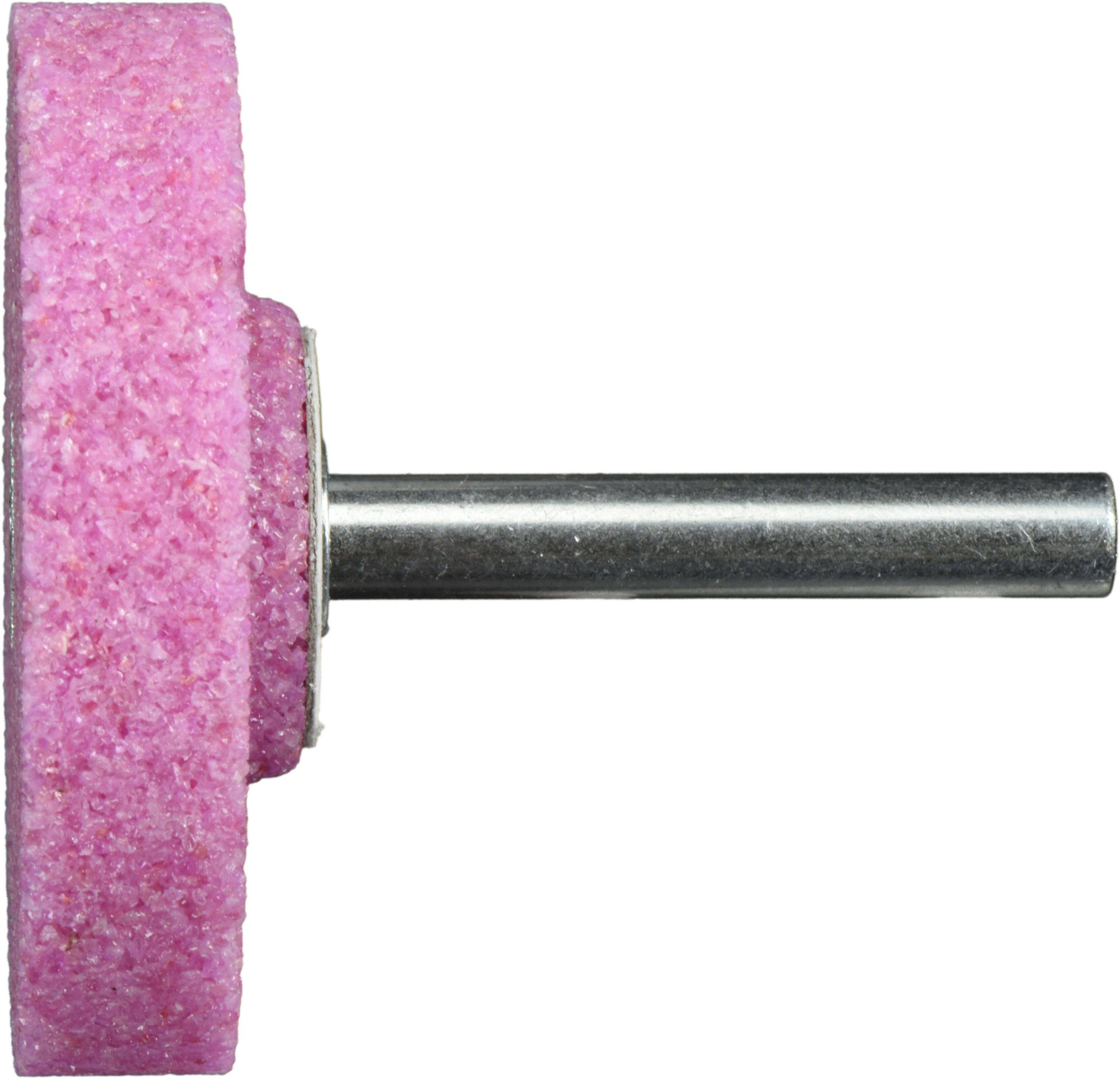 Ein rosa zylindrischer Schleifstein mit einer Metallspindel, horizontal positioniert, zum Schärfen oder Glätten von Oberflächen.