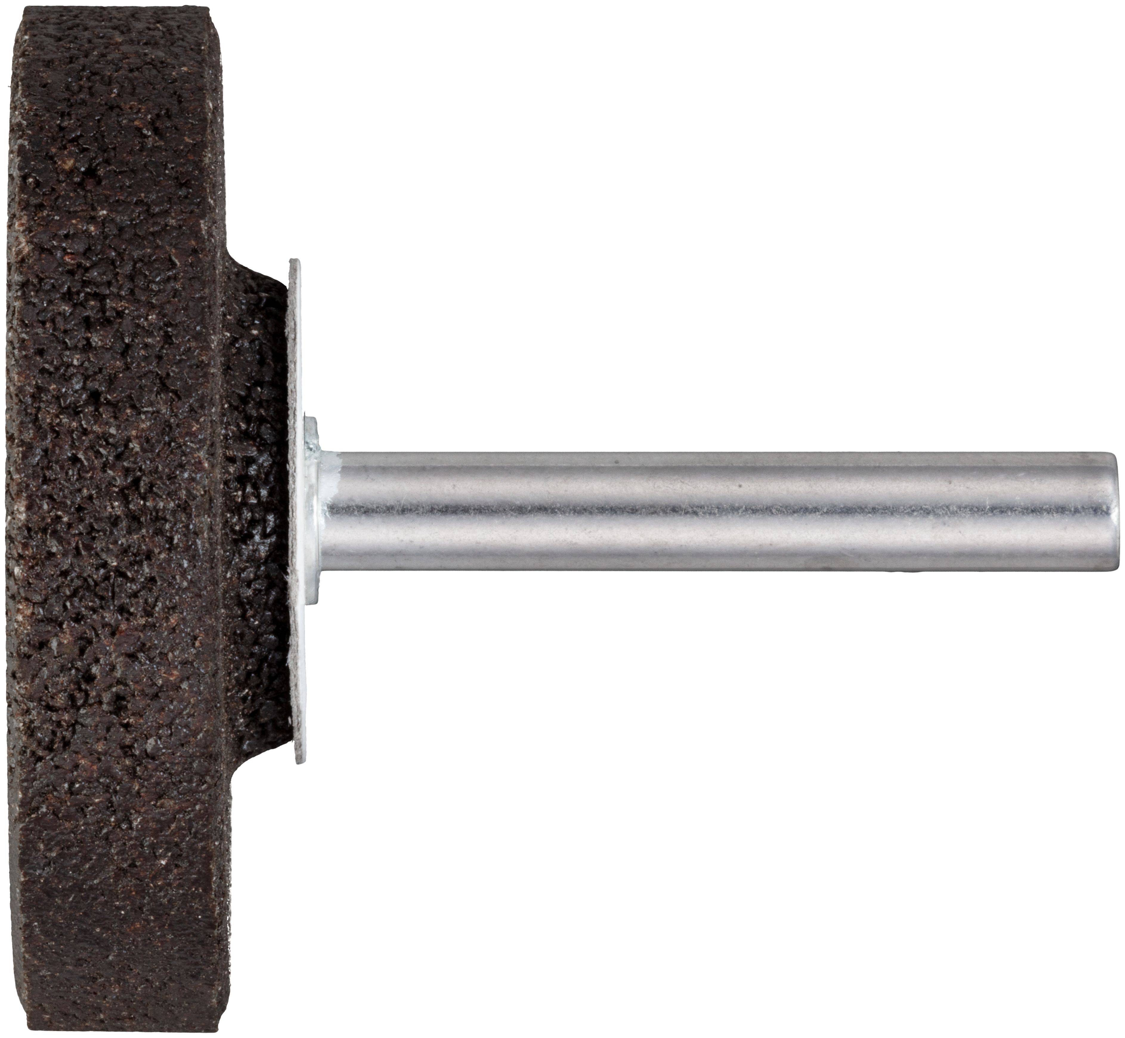 Ein zylindrischer Schleifstein mit einem Metallschaft. Der Stein hat eine raue Textur und wird zum Schärfen oder Glätten von Oberflächen verwendet.