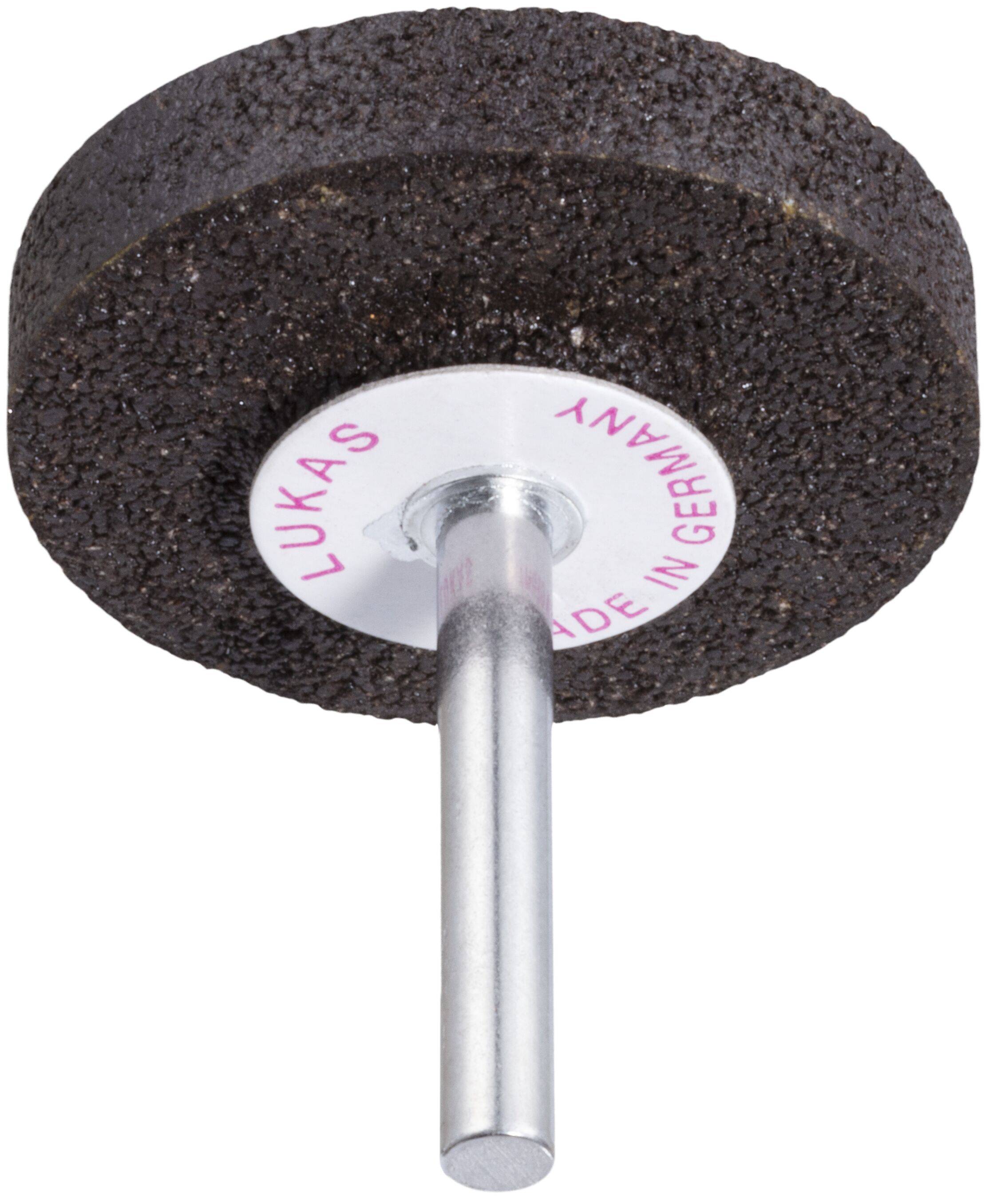 Schleifscheibe mit zylindrischem Schaft, beschriftet mit 'LUKAS, Made in Germany', zum Schärfen oder Formen von Metalloberflächen.
