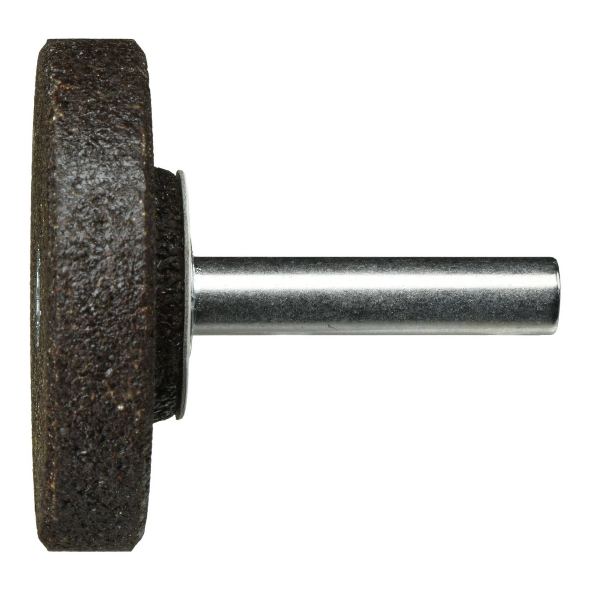 Ein rundes Schleifstein mit einer Metallachse, in Seitenansicht dargestellt.